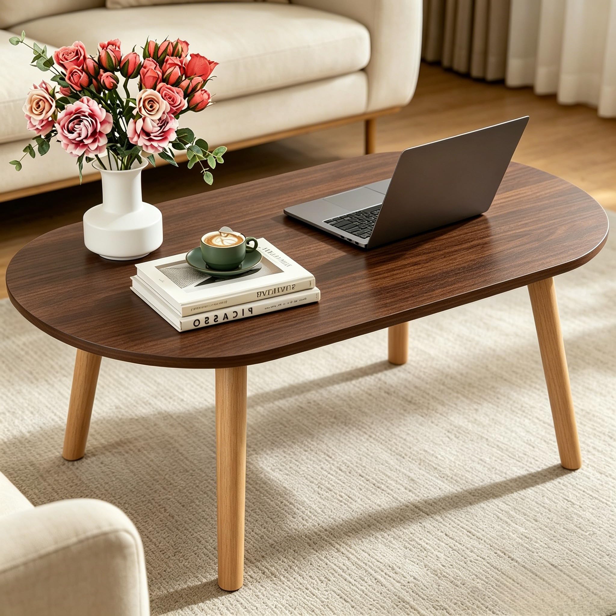 FAMIDGE Coffee Table, 23.6" Small Oval Coffee Tables for Small Space with 4 Solid Wood Leg, Floor Table Desk for Sitting on The Floor, Side Table Japanese Low Table for Living Room Apartment, Brown