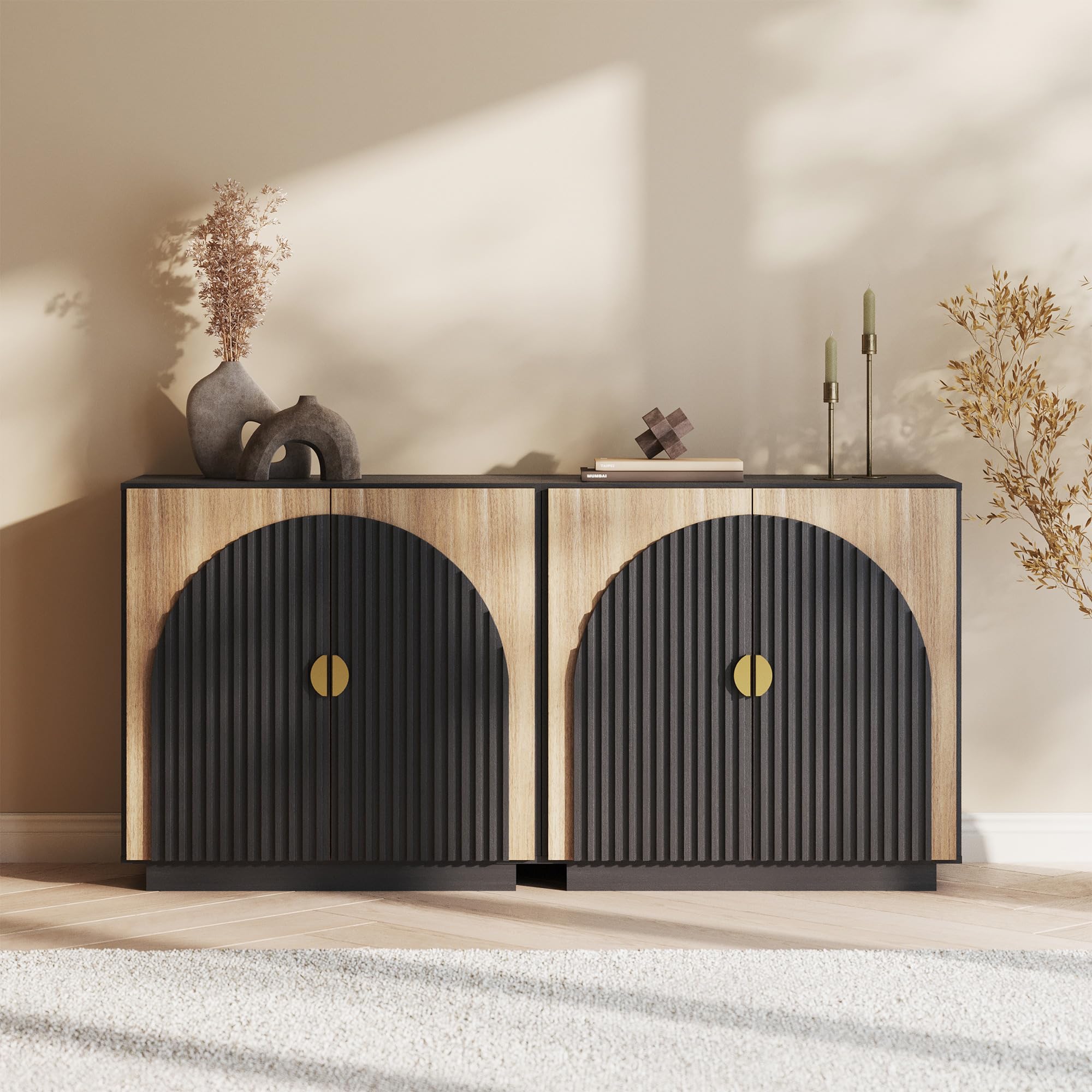 BELLEZE Modular Sideboard with Double-Arc Wood Doors, Small Arched Buffet Cabinet with Storage and Adjustable Shelves, Classic Modern Credenza for Dining Room, Living Room, or Entryway(Camel)