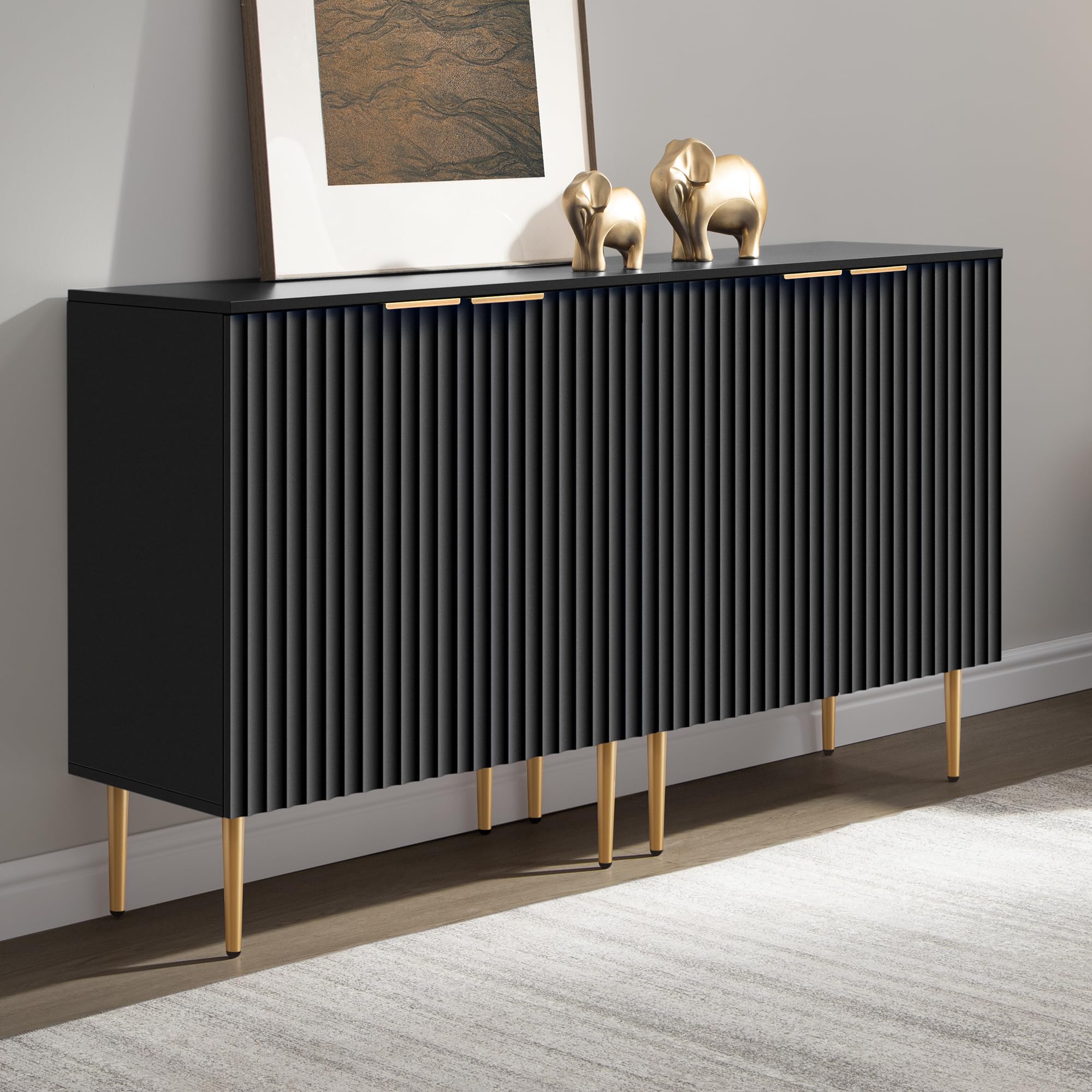 SICOTAS Sideboard Cabinet - 87'' Modern Accent Credenza Storage Cabinet Kitchen Fluted Sideboard with 6 Doors & Adjustable Shelves, Console Coffee Bar Table for Entryway Living Room Hallway, White