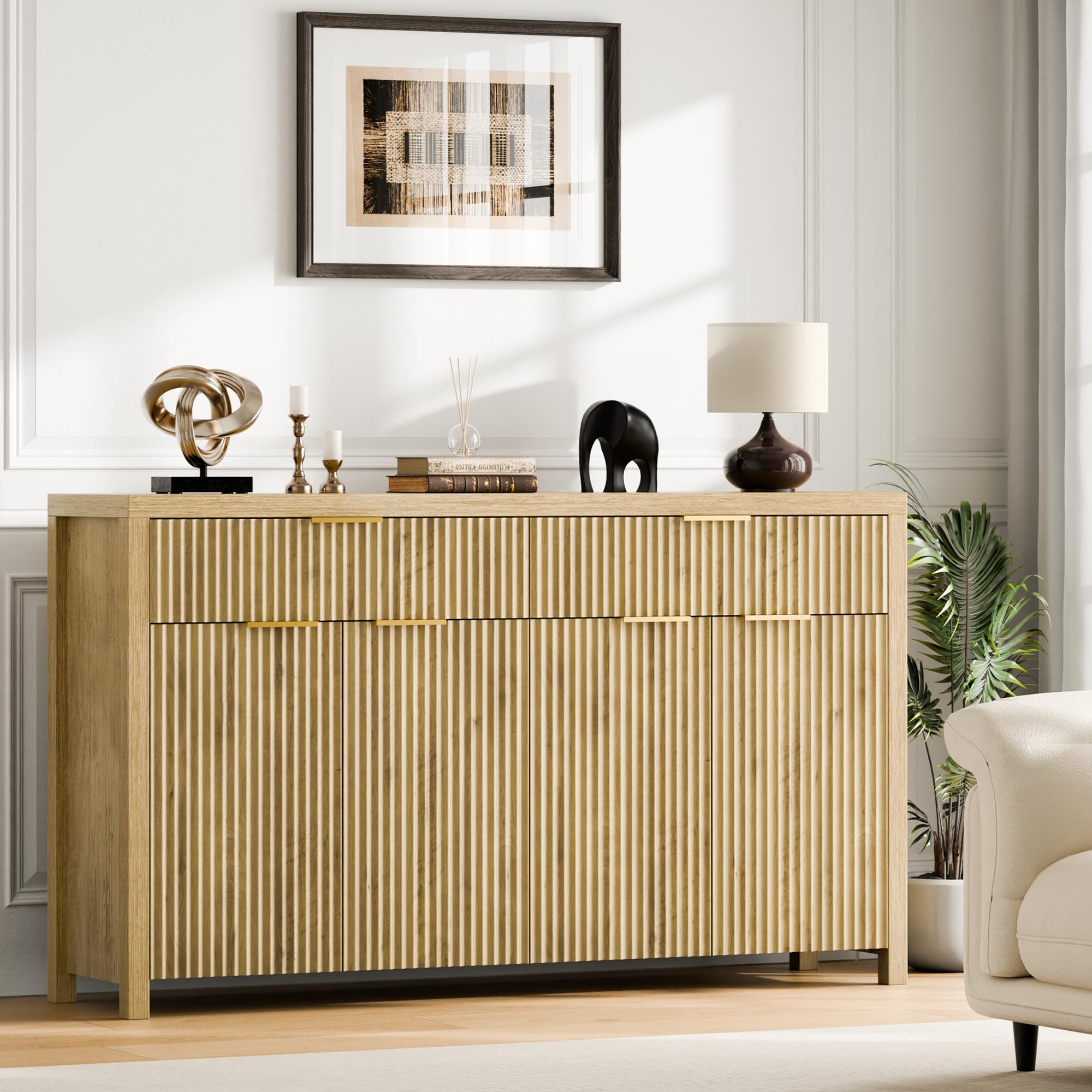 Lulive Fluted Buffet Cabinet with Storage Sideboard Cabinet Adjustable Shelves for Kitchen Living Room, Kitchen, Entryway