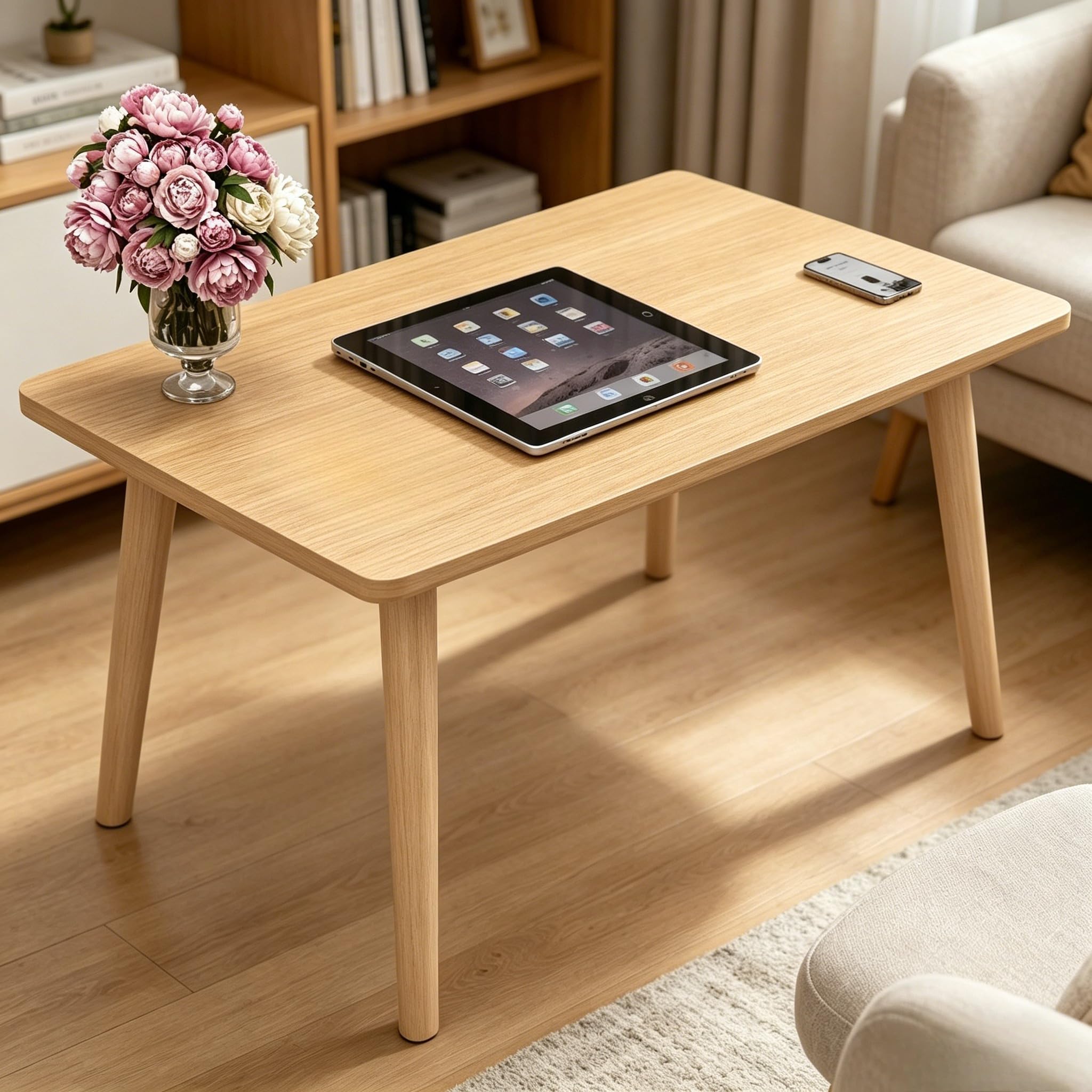 FAMIDGE Coffee Table, 23.6" Small Oval Coffee Tables for Small Space with 4 Solid Wood Leg, Floor Table Desk for Sitting on The Floor, Side Table Japanese Low Table for Living Room Apartment, Brown
