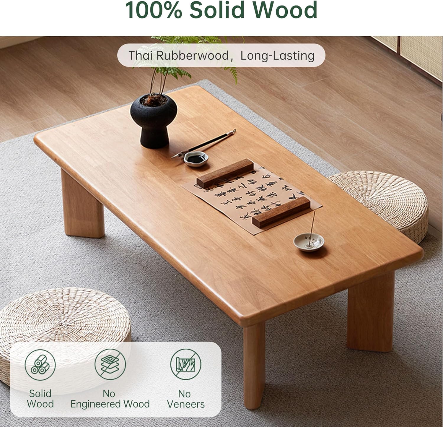 YESWOOD Solid Wood Tatami Tables, 47" L Low Coffee Table Japanese Floor Table Small Wooden Tables Tea Table for Sitting on The Floor Living Room