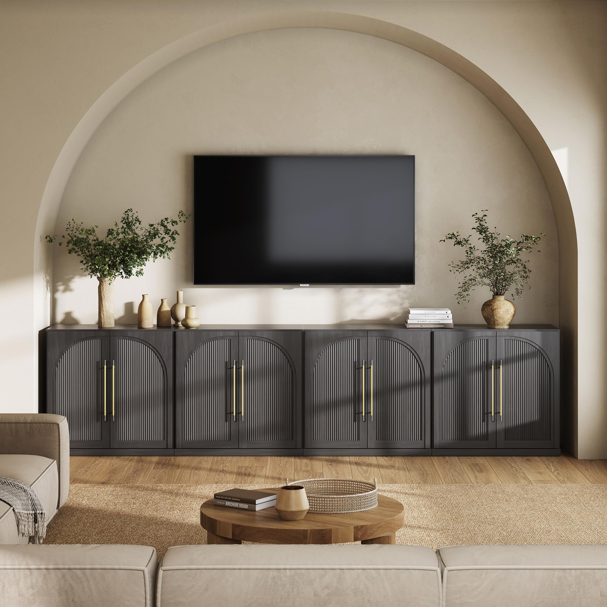 BELLEZE Modular Sideboard with Double-Arc Wood Doors, Small Arched Buffet Cabinet with Storage and Adjustable Shelves, Classic Modern Credenza for Dining Room, Living Room, or Entryway(Camel)