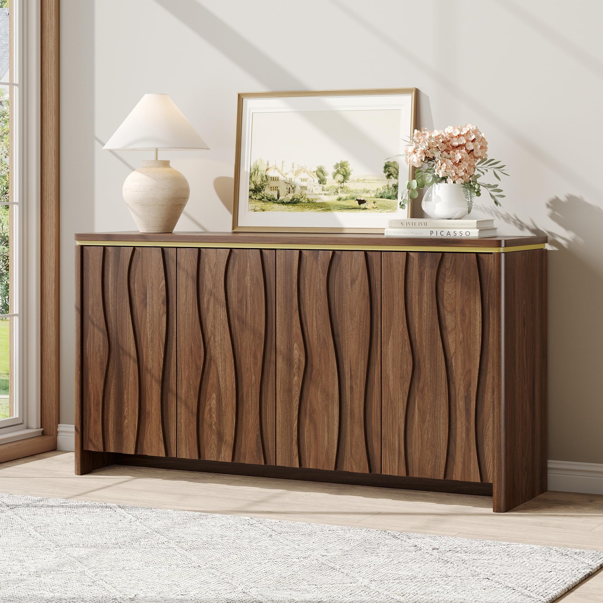Vabches Fluted Buffet Cabinet with Storage, 3D Ripple Pattern Doors and Curved Edges, Modern Sideboard for Kitchen, Entryway, 4 Doors & Adjustable Shelf, Natural, 57.9" W