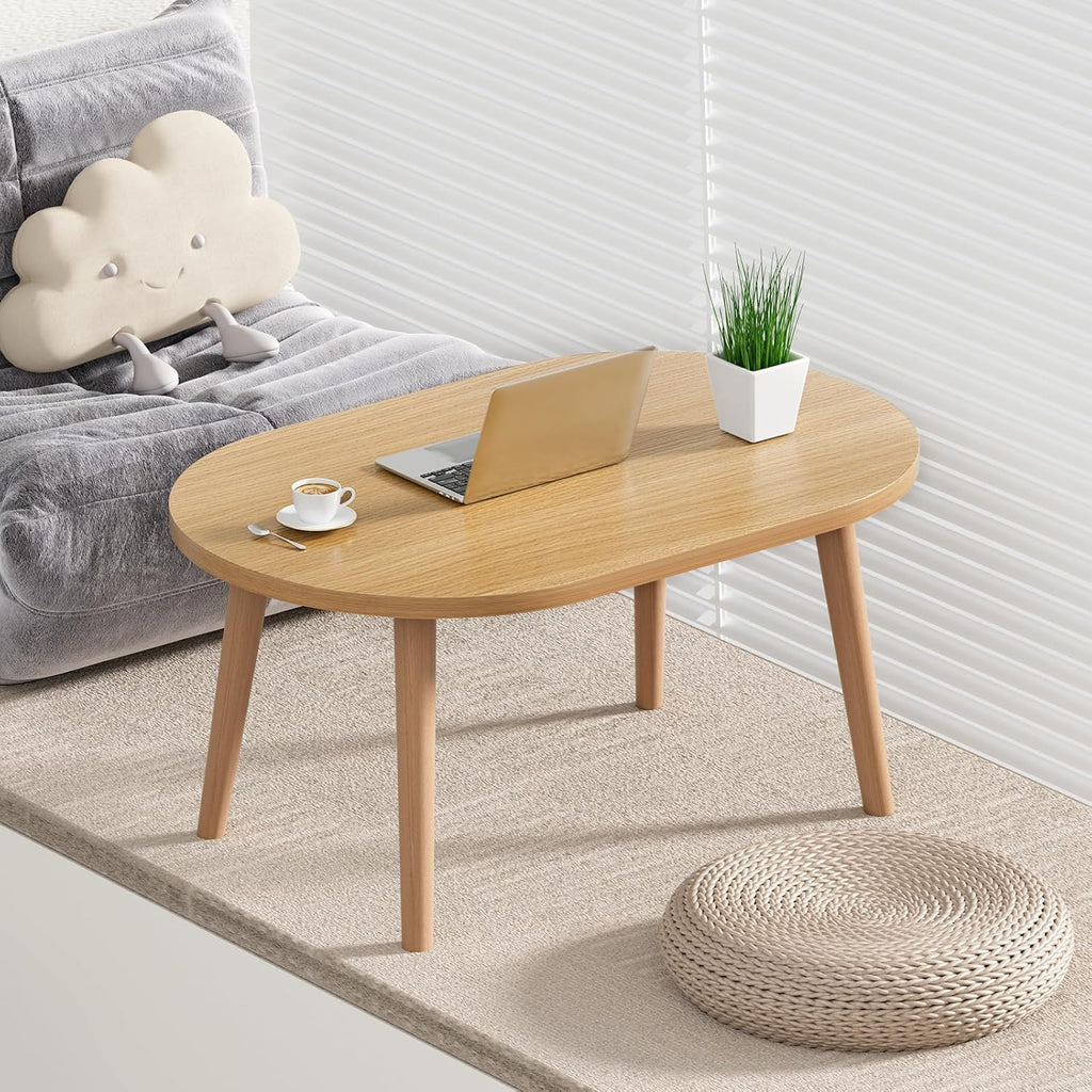 FAMIDGE Coffee Table, 23.6" Small Oval Coffee Tables for Small Space with 4 Solid Wood Leg, Floor Table Desk for Sitting on The Floor, Side Table Japanese Low Table for Living Room Apartment, Brown