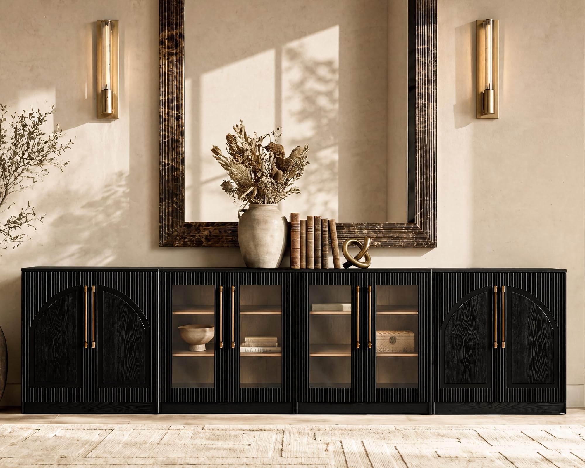 Morden Fort Handmade Fluted Arched Cabinet, Luxury Accent Cabinet with Adjustable Shelves, Durable Wood Modern Sideboard Buffet Credenza for Living Room Dining Room Entryway Bathroom White 31''