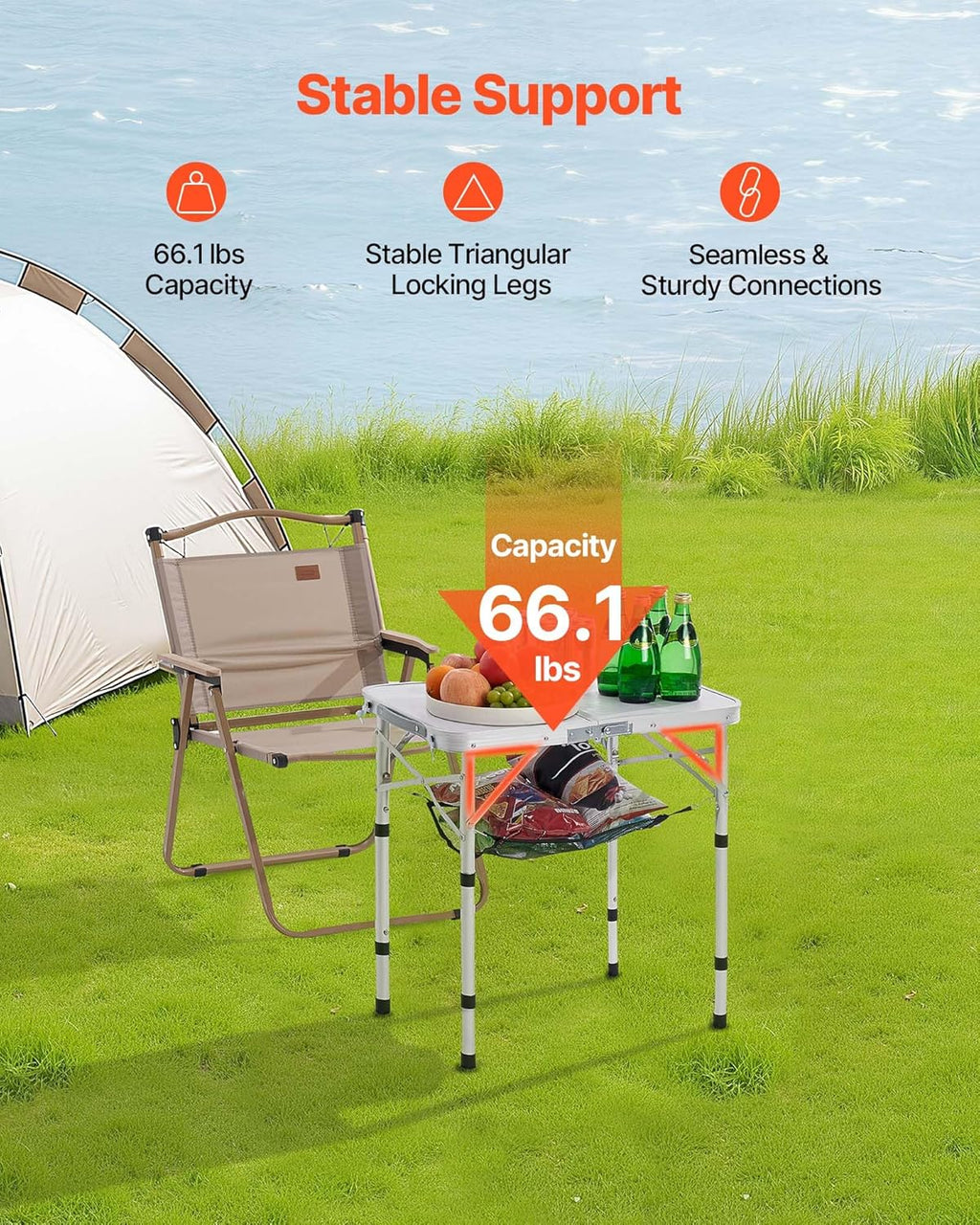 VEVOR Folding Camping Table, Adjustable Height Aluminum MDF Outdoor Portable Lightweight, for Cooking, Beach, Picnic, Travel, 24 x 16 inch