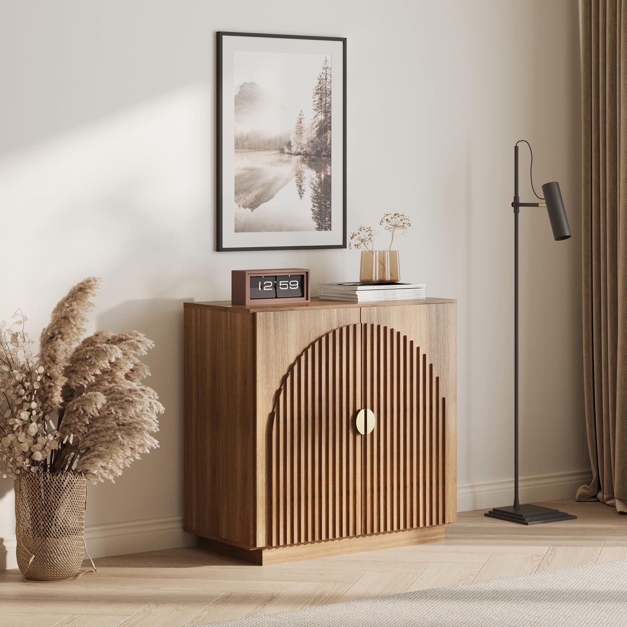 BELLEZE Modular Sideboard with Double-Arc Wood Doors, Small Arched Buffet Cabinet with Storage and Adjustable Shelves, Classic Modern Credenza for Dining Room, Living Room, or Entryway(Camel)