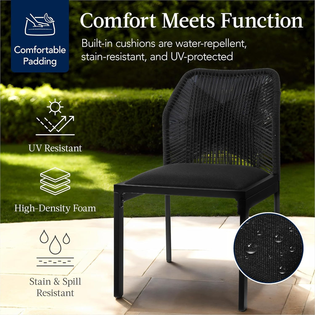 Best Choice Products Set of 2 Indoor/Outdoor Modern Dining Kitchen Chairs, All-Weather Rope Woven Design, Padded Cushions, Aluminum Frame for Dining Room, Living Room - Black/Obsidian