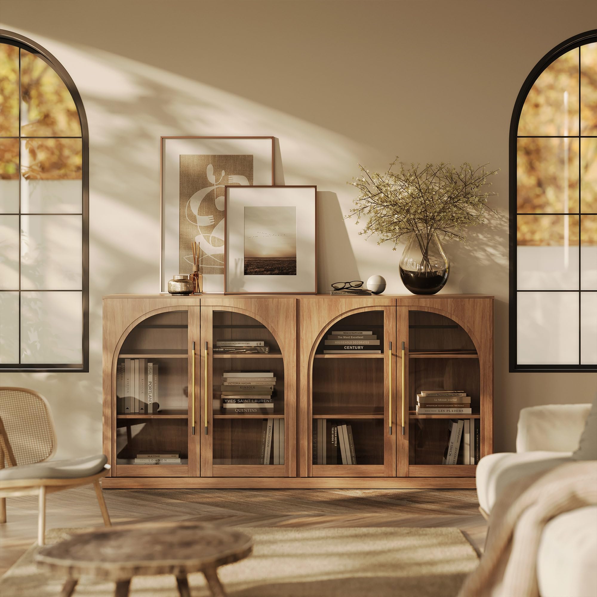 BELLEZE Modular Sideboard with Double-Arc Wood Doors, Small Arched Buffet Cabinet with Storage and Adjustable Shelves, Classic Modern Credenza for Dining Room, Living Room, or Entryway(Camel)
