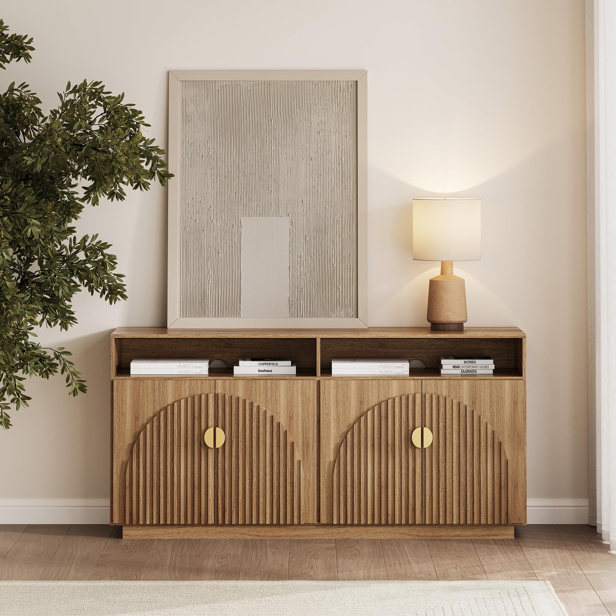 BELLEZE Modular Sideboard with Double-Arc Wood Doors, Small Arched Buffet Cabinet with Storage and Adjustable Shelves, Classic Modern Credenza for Dining Room, Living Room, or Entryway(Camel)