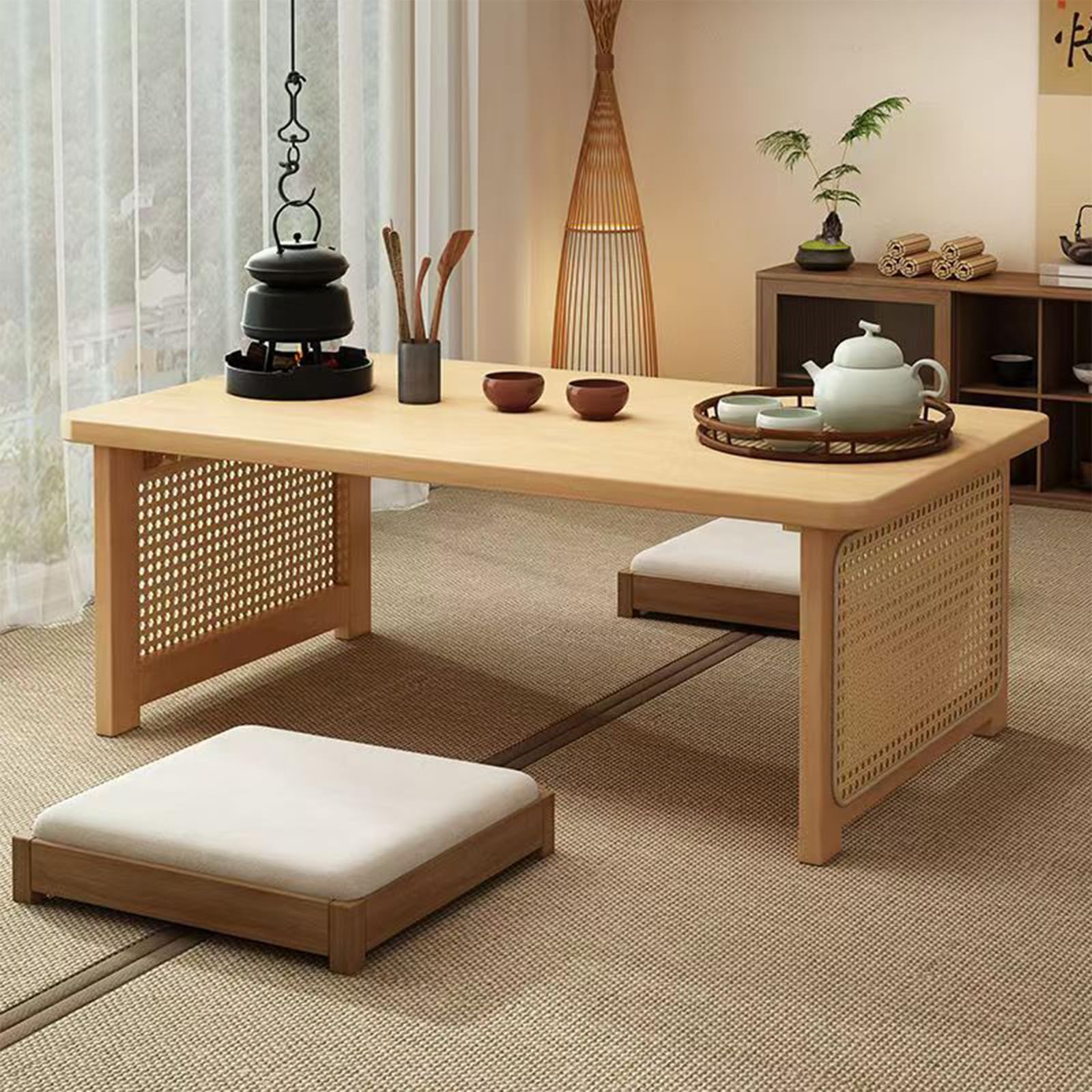 Japanese Floor Table Bamboo Folding Coffee Table Portable Solid Wood Japanese Coffee Table, No Assembly Japanese Dining Table for Sitting on The Floor, Easy Storage(39.4 * 18.9 * 13.8in.)