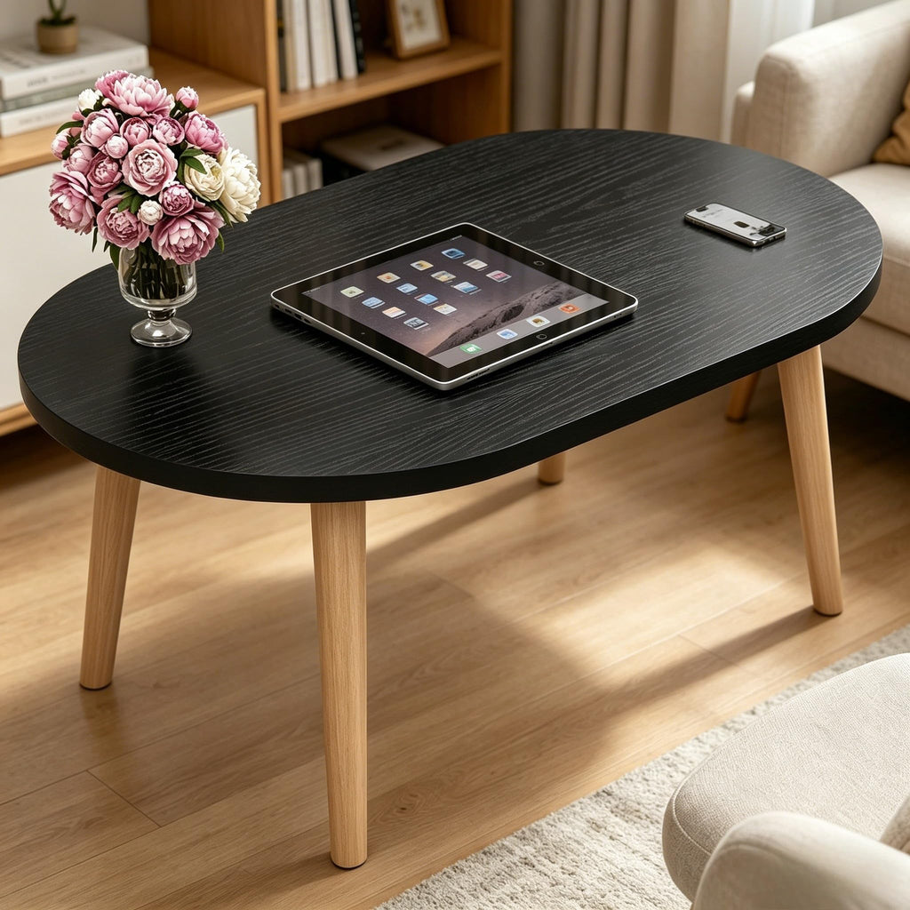 FAMIDGE Coffee Table, 23.6" Small Oval Coffee Tables for Small Space with 4 Solid Wood Leg, Floor Table Desk for Sitting on The Floor, Side Table Japanese Low Table for Living Room Apartment, Brown