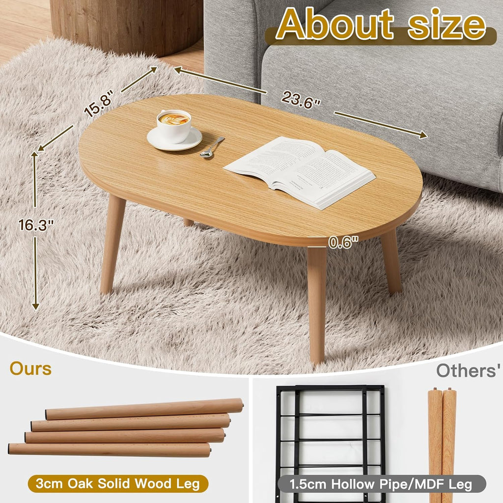 FAMIDGE Coffee Table, 23.6" Small Oval Coffee Tables for Small Space with 4 Solid Wood Leg, Floor Table Desk for Sitting on The Floor, Side Table Japanese Low Table for Living Room Apartment, Brown