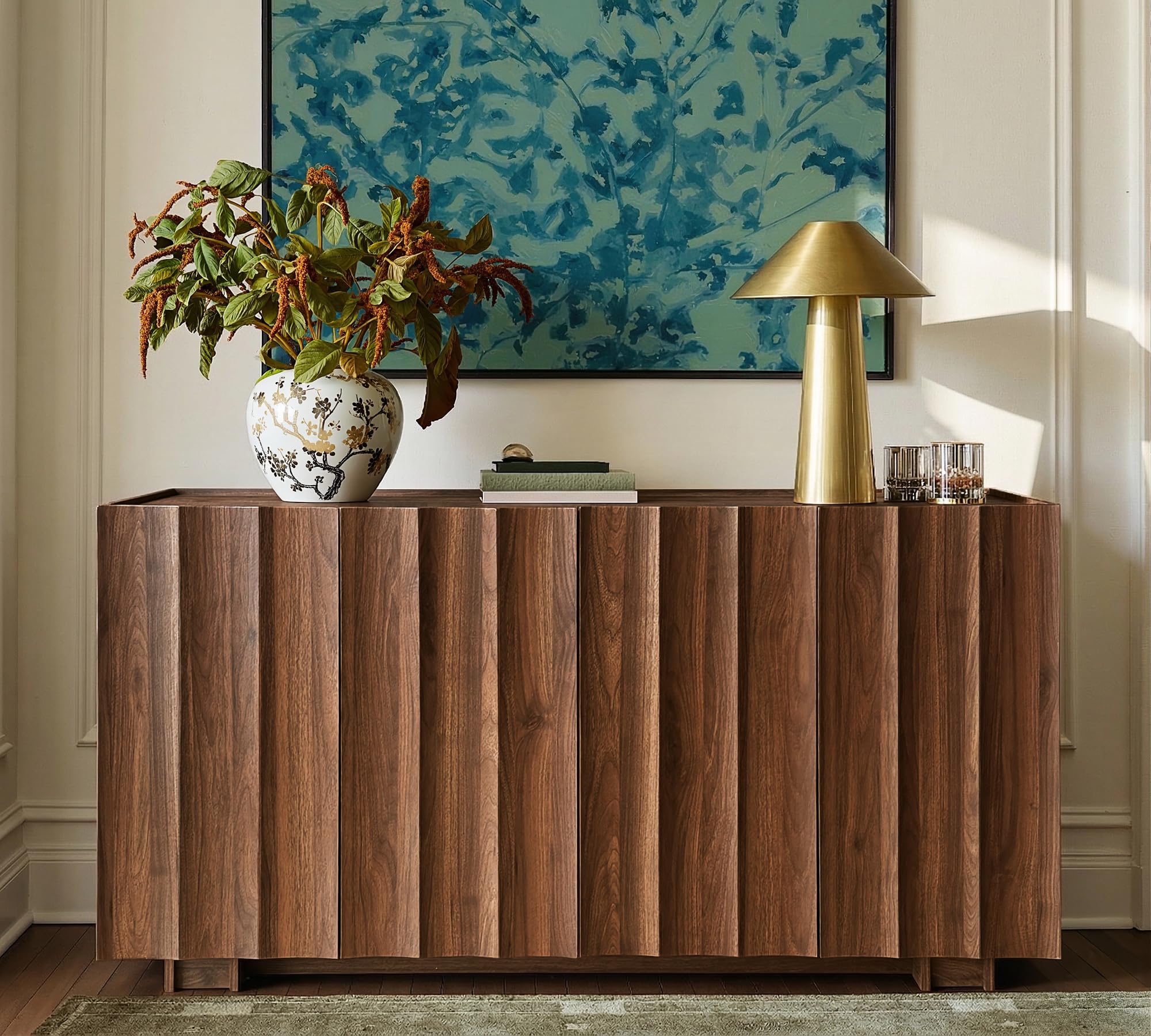 win2win Fluted Sideboard Buffet Cabinet with Storage, 65" Mid Century Modern Accent Cabinet with Double-Layered Arch Doors,Wood Media TV Console Table Credenza for Living Room Hallway Entryway,Walnut