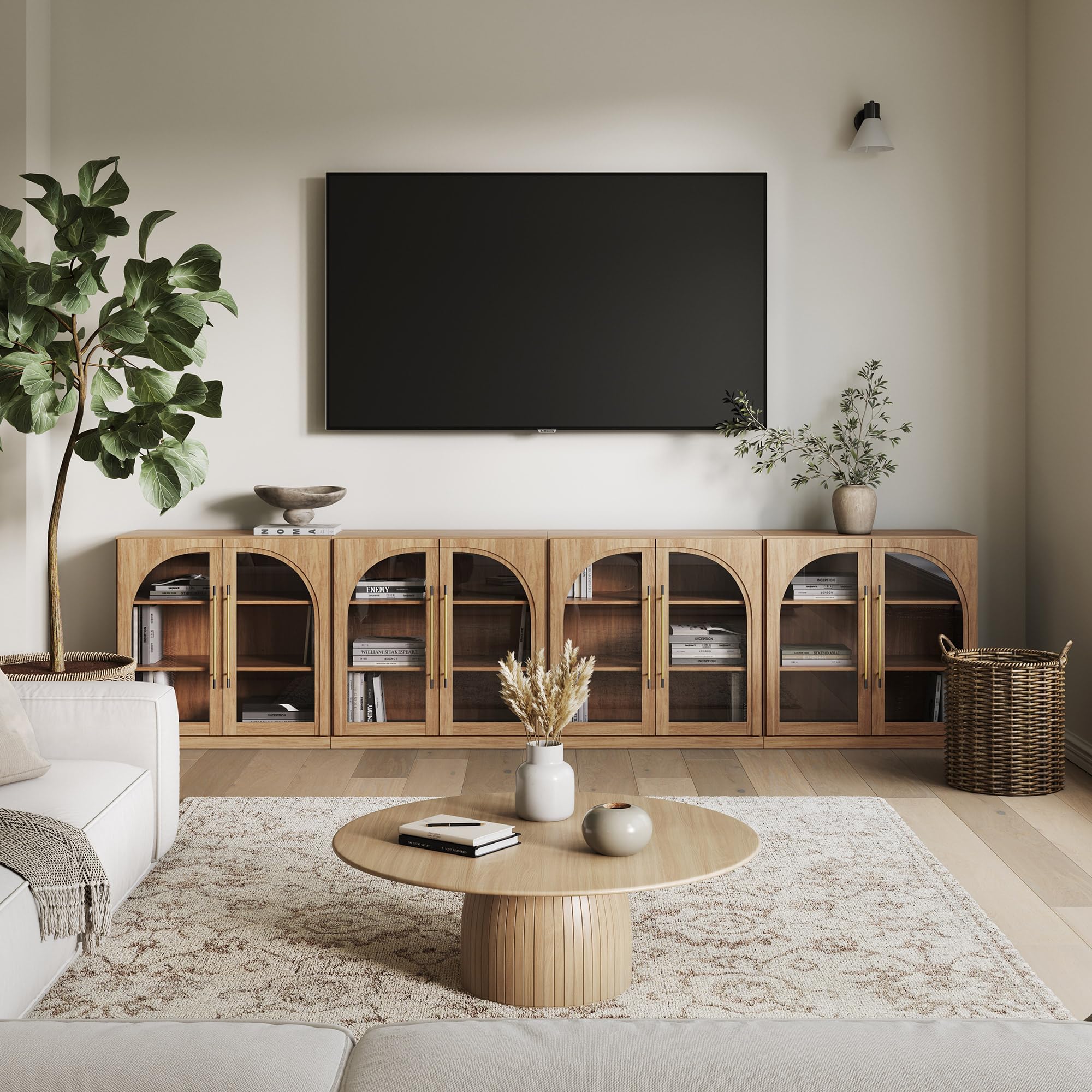 BELLEZE Modular Sideboard with Double-Arc Wood Doors, Small Arched Buffet Cabinet with Storage and Adjustable Shelves, Classic Modern Credenza for Dining Room, Living Room, or Entryway(Camel)