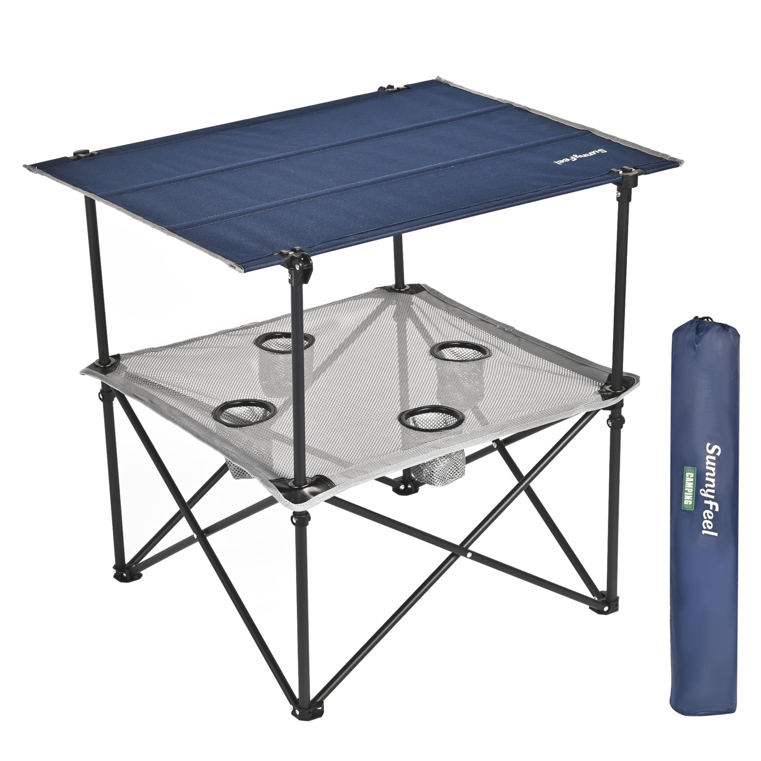 SUNNYFEEL Folding Camping Table- Collapsible Portable Beach Table with 4 Cup Holders & Carry Bags, Tailgate Table for Outdoor Excursion Picnic Hiking Fishing Travel Parties, Black