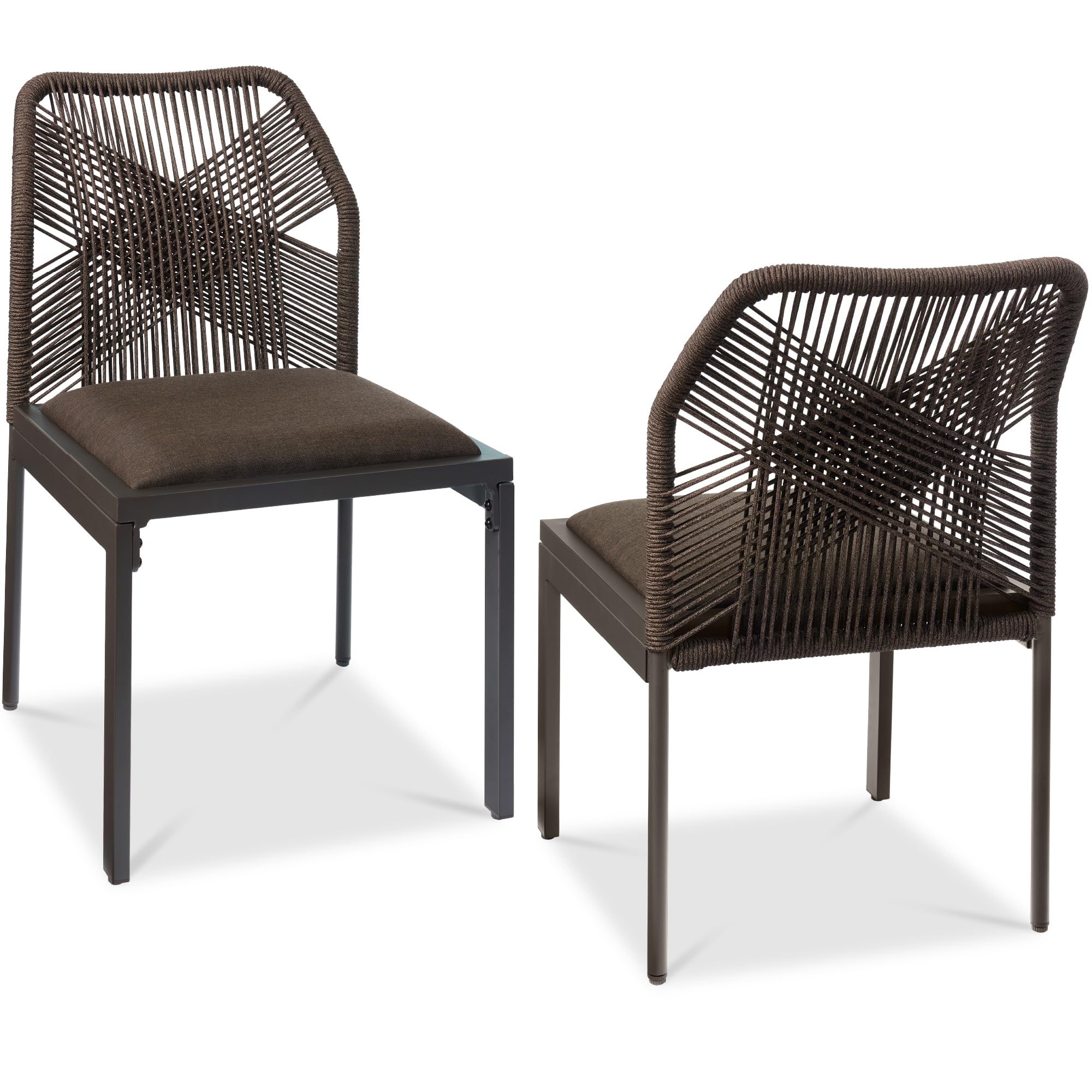 Best Choice Products Set of 2 Indoor/Outdoor Modern Dining Kitchen Chairs, All-Weather Rope Woven Design, Padded Cushions, Aluminum Frame for Dining Room, Living Room - Black/Obsidian