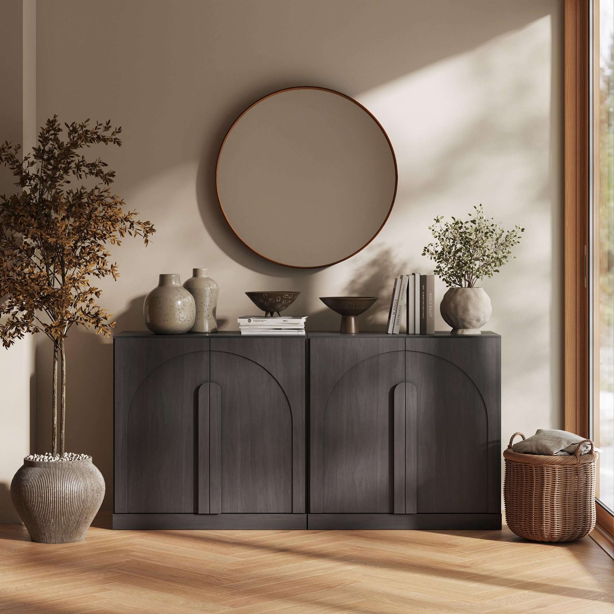 BELLEZE Modular Sideboard with Double-Arc Wood Doors, Small Arched Buffet Cabinet with Storage and Adjustable Shelves, Classic Modern Credenza for Dining Room, Living Room, or Entryway(Camel)