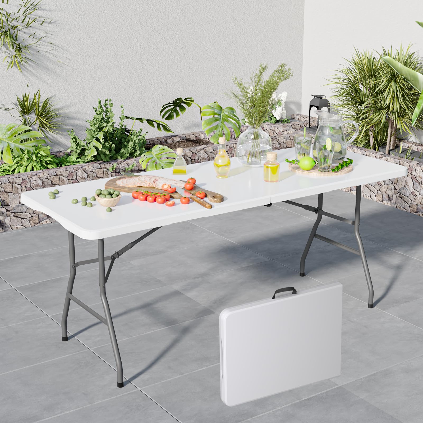 6FT Black Folding Table for Outdoor, 6 Foot Picnic Tables No Assembly Required Portable, Black Foldable Table for Camping, Parties, Meeting, Events, Wedding, BBQ, with Carrying Handle