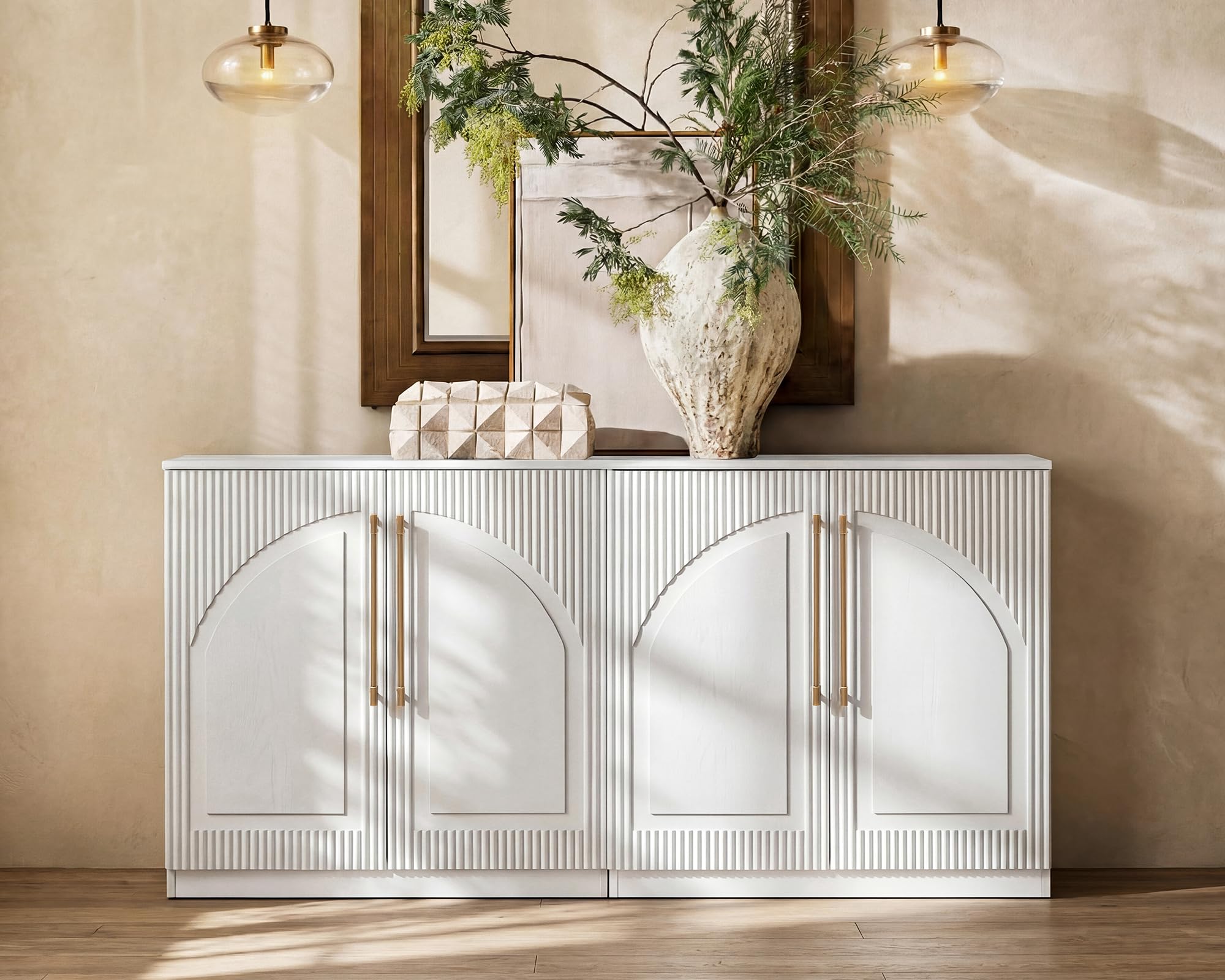 Morden Fort Handmade Fluted Arched Cabinet, Luxury Accent Cabinet with Adjustable Shelves, Durable Wood Modern Sideboard Buffet Credenza for Living Room Dining Room Entryway Bathroom White 31''