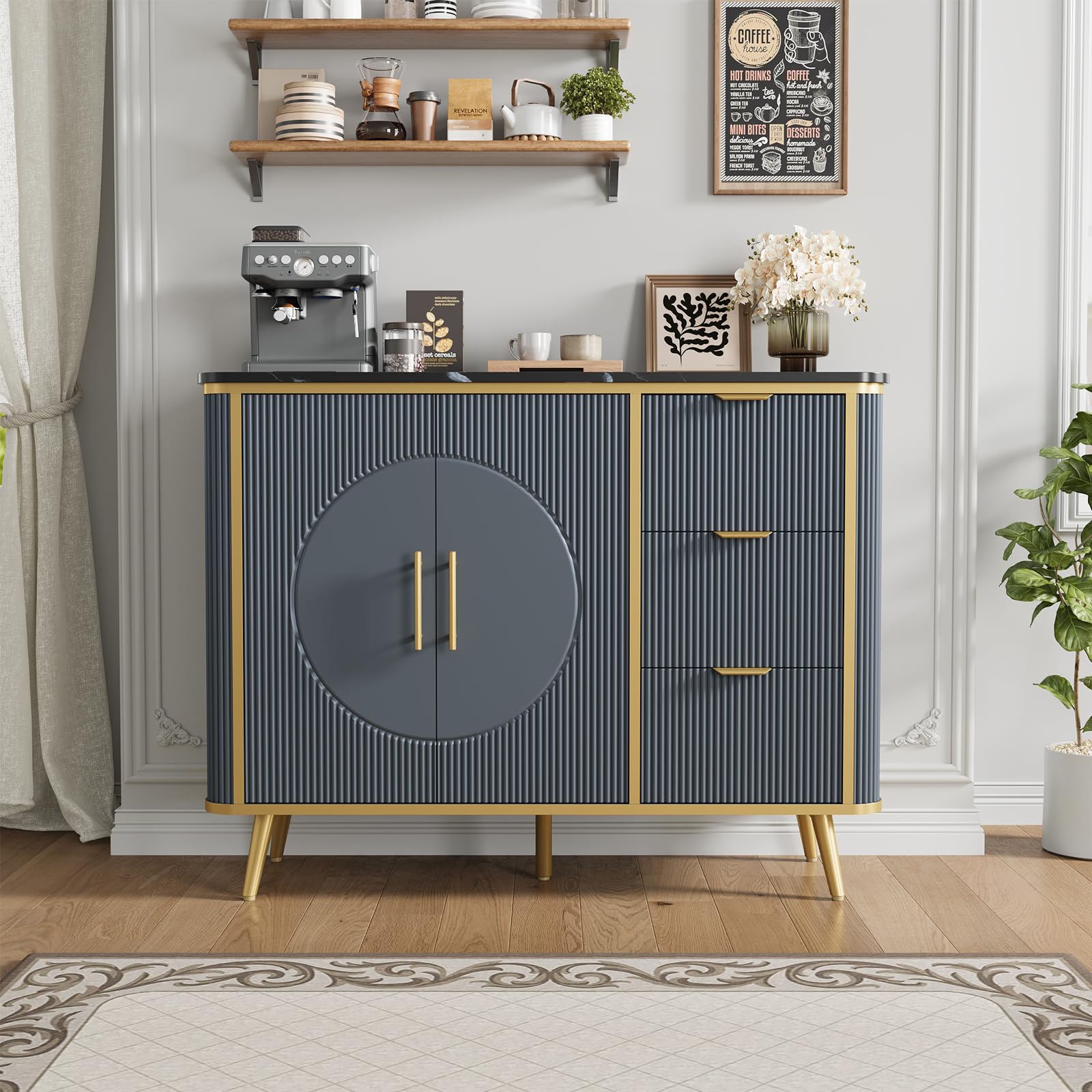 47.3" Modern Buffet Cabinet with Storage, Kitchen Sideboard Buffet with 2 Door & 3 Drawers, Fluted Caffee Bar Storage Cabinet for Dining Room, Living Room, Entryway, Natural Oak