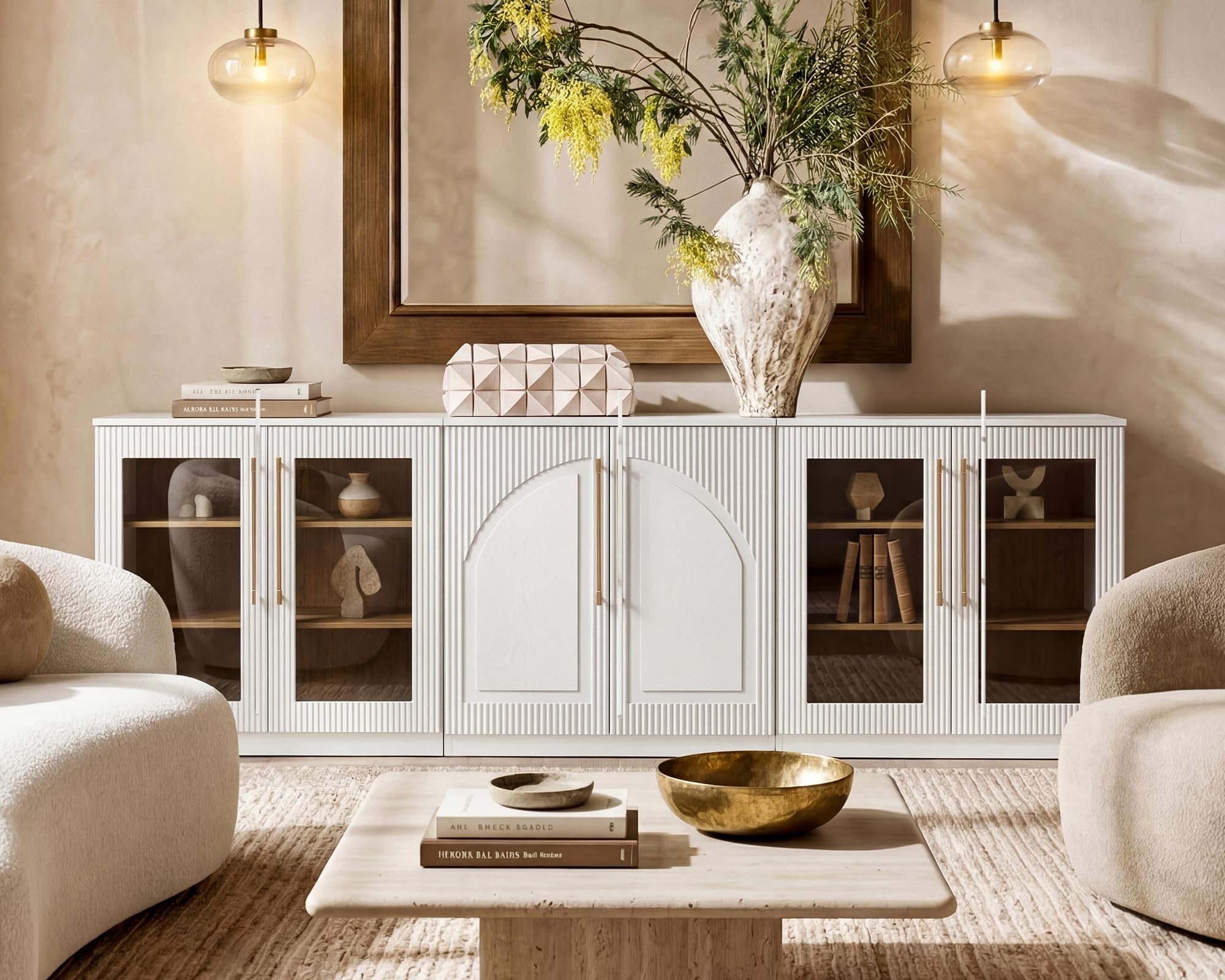 Morden Fort Handmade Fluted Arched Cabinet, Luxury Accent Cabinet with Adjustable Shelves, Durable Wood Modern Sideboard Buffet Credenza for Living Room Dining Room Entryway Bathroom White 31''