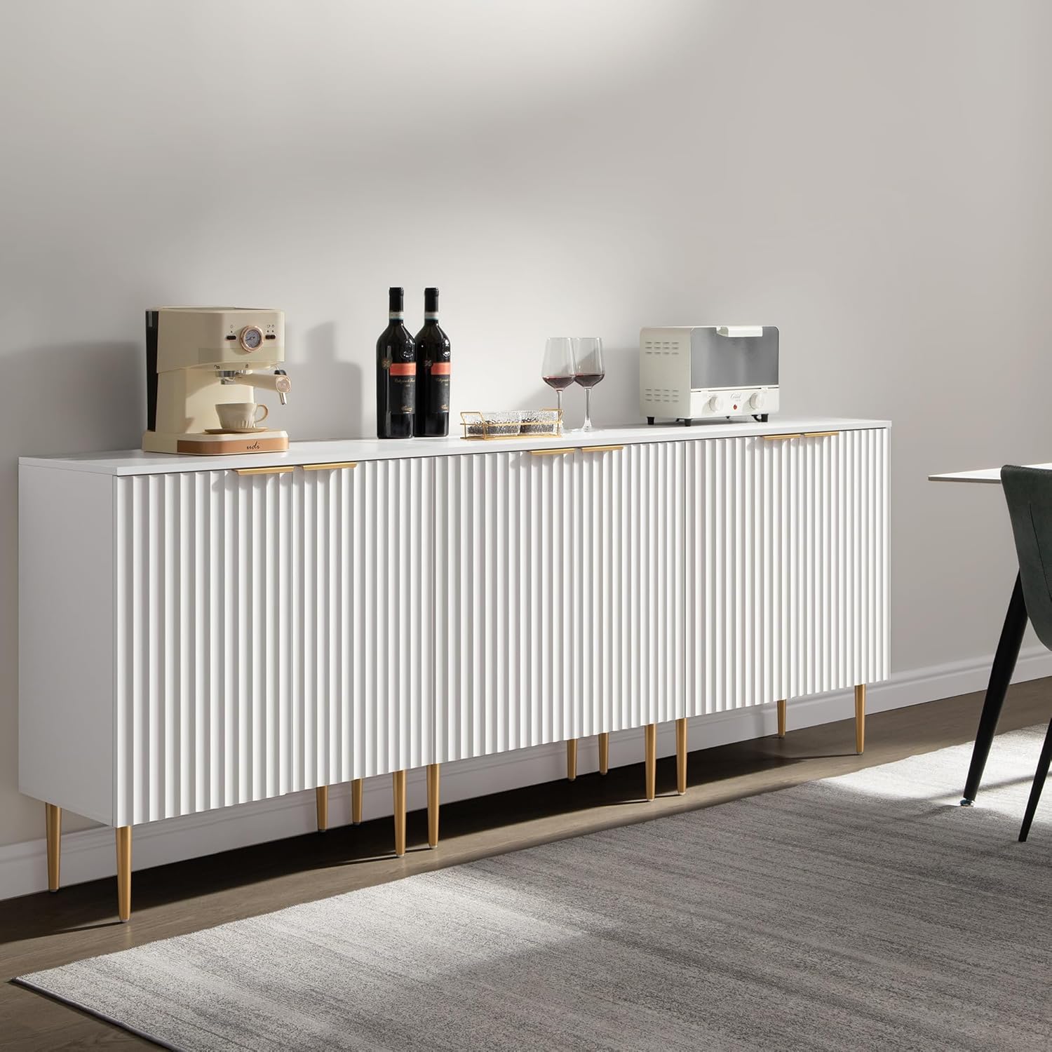 SICOTAS Sideboard Cabinet - 87'' Modern Accent Credenza Storage Cabinet Kitchen Fluted Sideboard with 6 Doors & Adjustable Shelves, Console Coffee Bar Table for Entryway Living Room Hallway, White