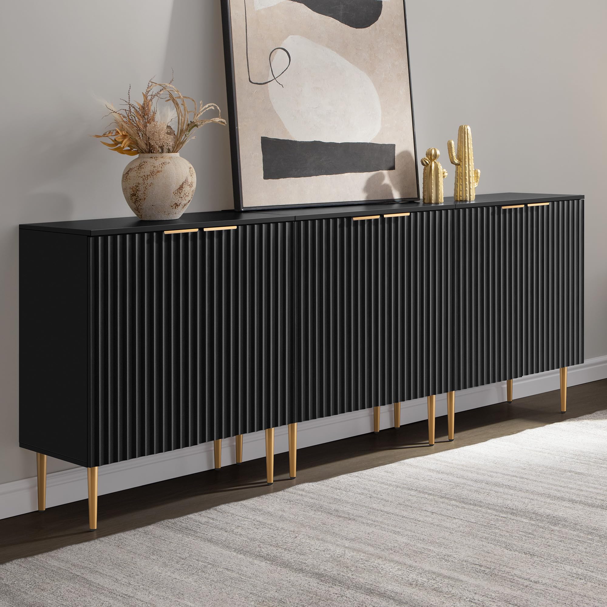 SICOTAS Sideboard Cabinet - 87'' Modern Accent Credenza Storage Cabinet Kitchen Fluted Sideboard with 6 Doors & Adjustable Shelves, Console Coffee Bar Table for Entryway Living Room Hallway, White