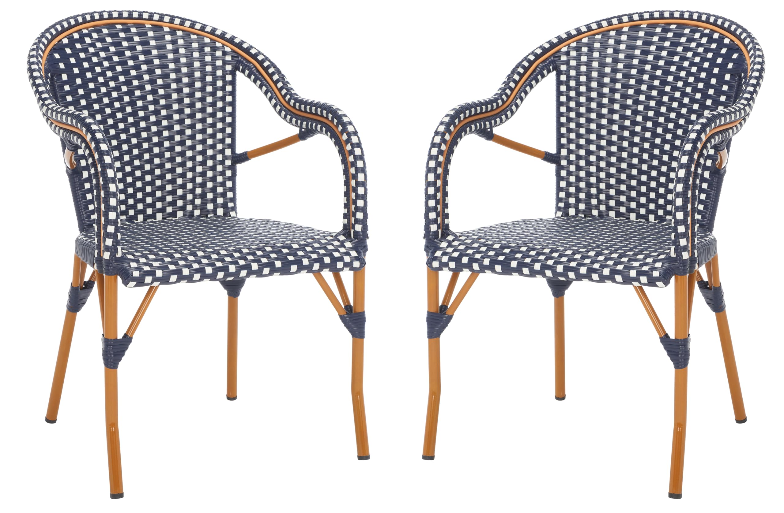 SAFAVIEH Outdoor - California Armchair Set of 2 - Navy - Faux Wicker & Aluminum Frame - Woven Bistro Design with Arms - Ideal for Patio, Deck, Sunroom, Dining Area, 17.3" Seat Height (PAT7531B-SET2)