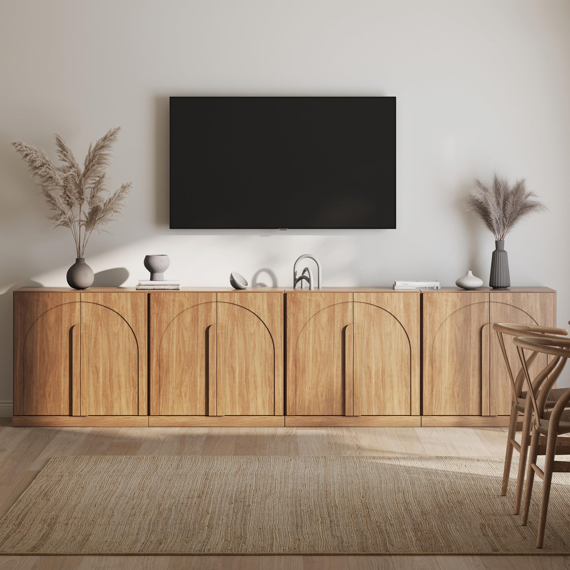 BELLEZE Modular Sideboard with Double-Arc Wood Doors, Small Arched Buffet Cabinet with Storage and Adjustable Shelves, Classic Modern Credenza for Dining Room, Living Room, or Entryway(Camel)