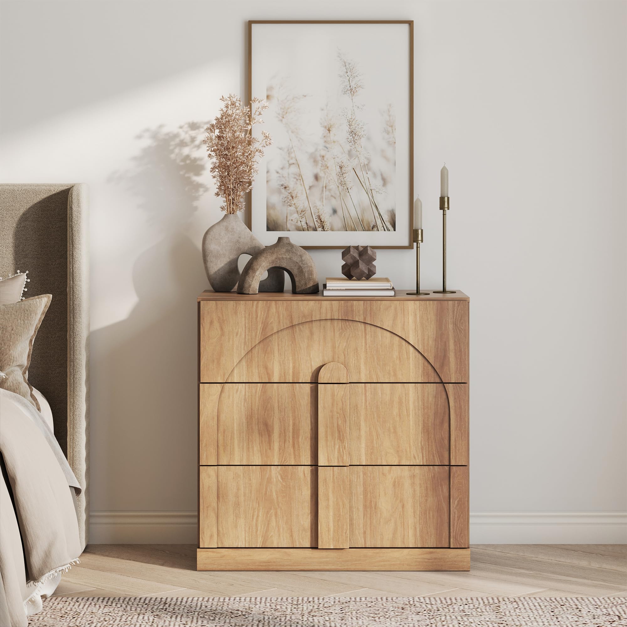 BELLEZE Modular Sideboard with Double-Arc Wood Doors, Small Arched Buffet Cabinet with Storage and Adjustable Shelves, Classic Modern Credenza for Dining Room, Living Room, or Entryway(Camel)