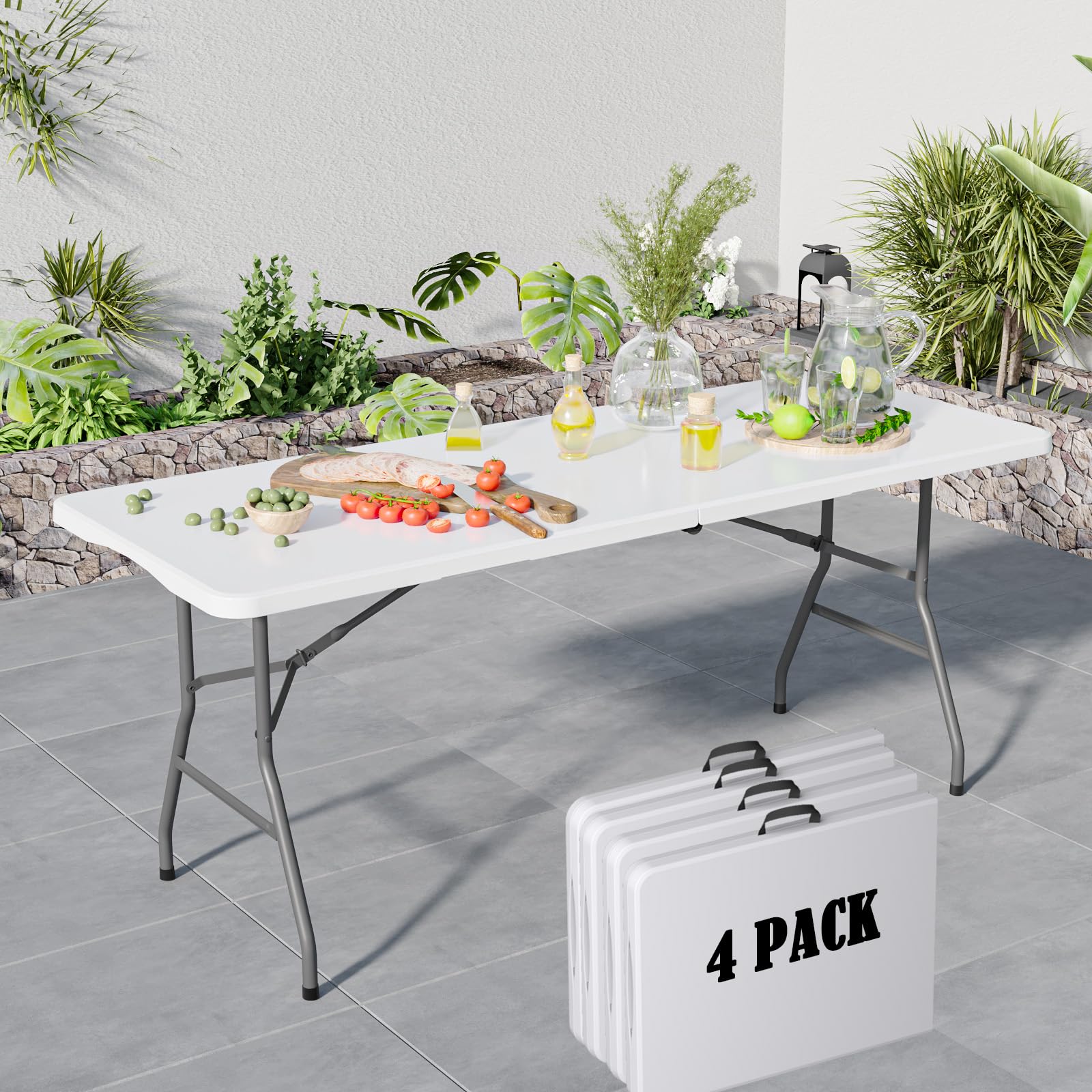 6FT Black Folding Table for Outdoor, 6 Foot Picnic Tables No Assembly Required Portable, Black Foldable Table for Camping, Parties, Meeting, Events, Wedding, BBQ, with Carrying Handle