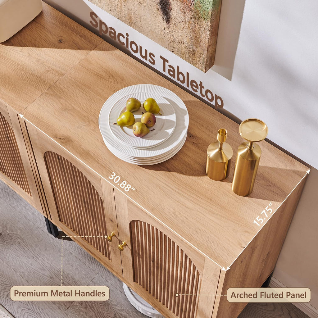 IFGET Modern Buffet Cabinet with Storage, 34" Tall Fluted Arched Sideboard Cabinet w/Adjustable Shelves, Wooden Modular Coffee Bar for Dining Room, Kitchen, Living Room, Entryway, Natural
