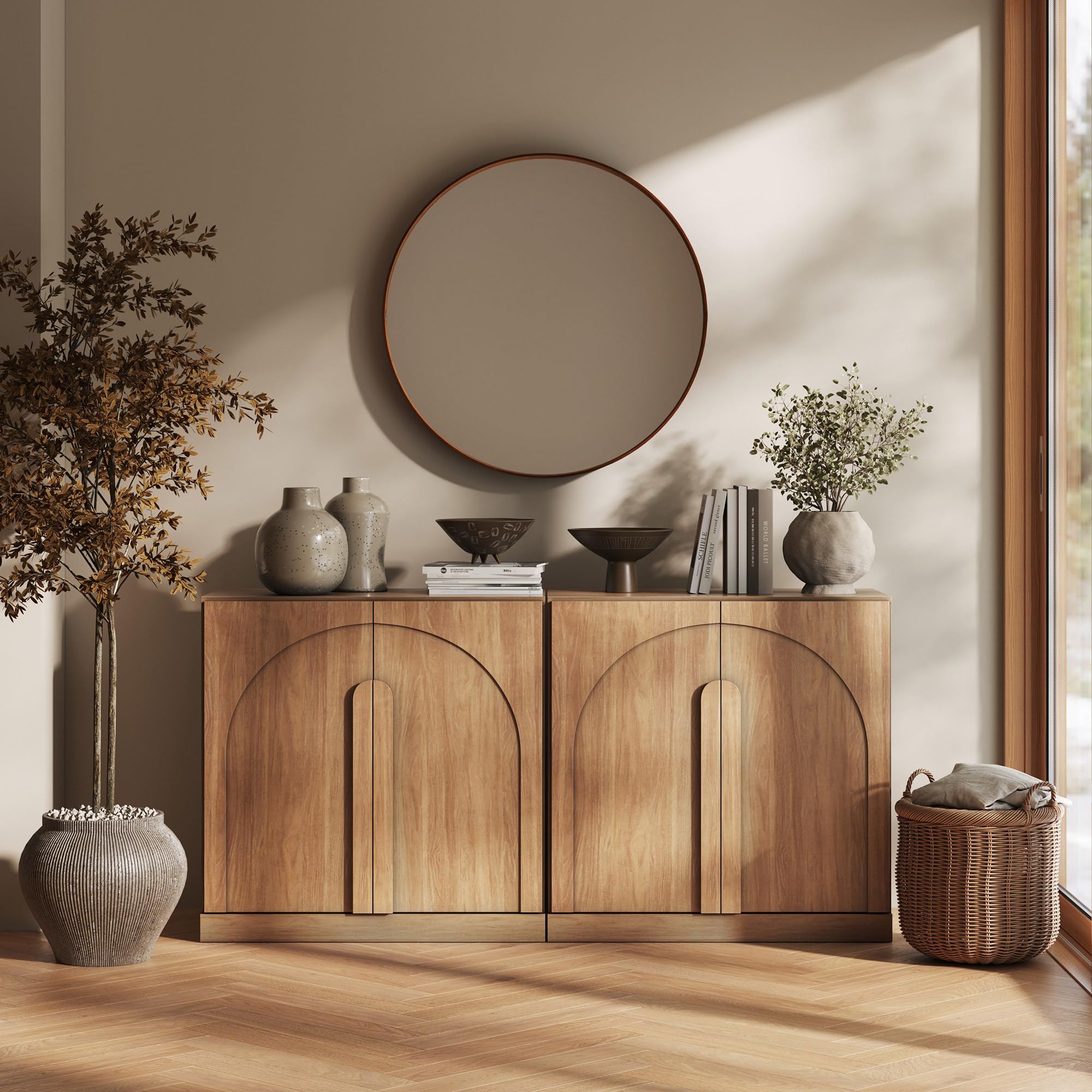 BELLEZE Modular Sideboard with Double-Arc Wood Doors, Small Arched Buffet Cabinet with Storage and Adjustable Shelves, Classic Modern Credenza for Dining Room, Living Room, or Entryway(Camel)