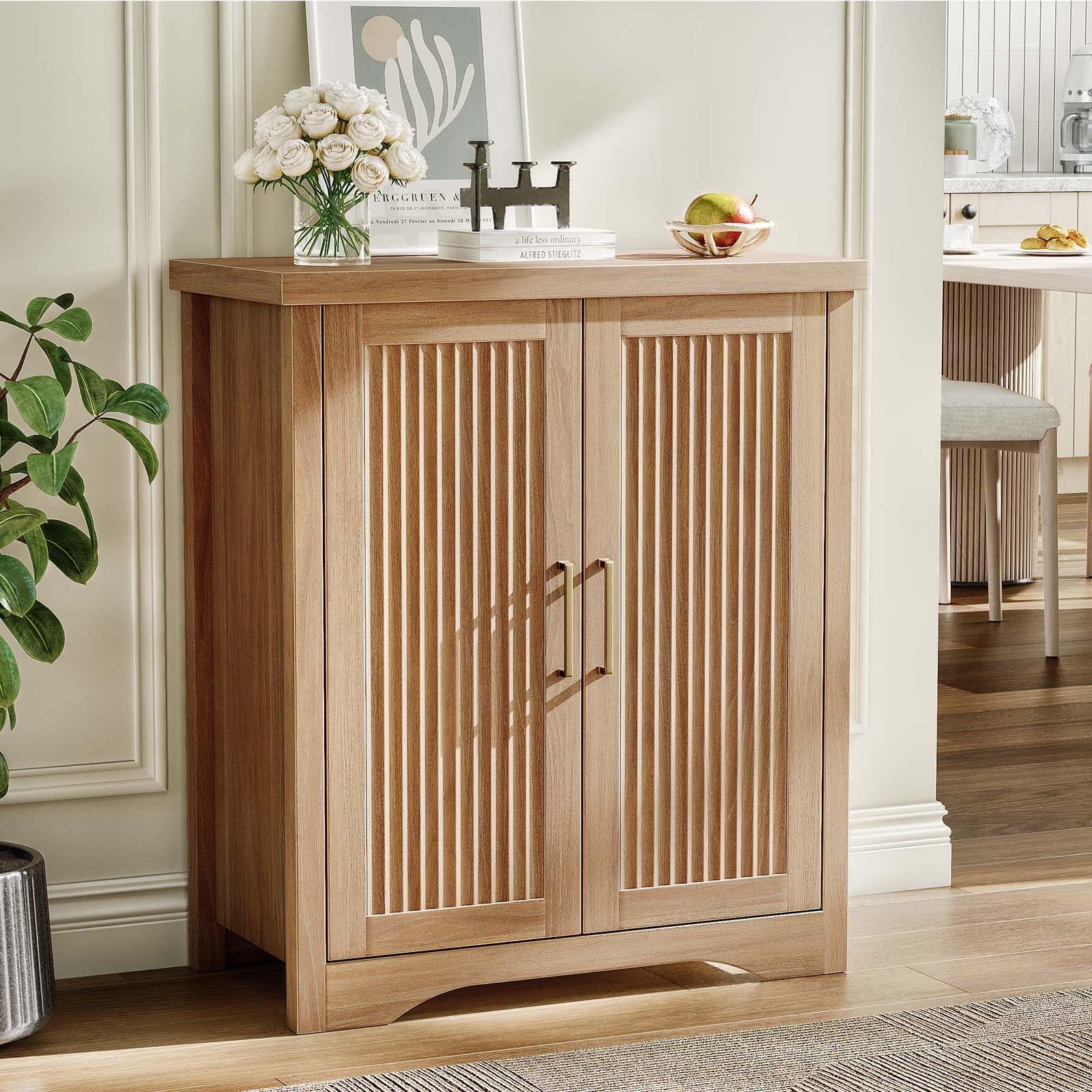 Memobarco Fluted Buffet Cabinet with Storage Accent Sideboard,Modern Credenza with 4 Doors & Adjustable Shelves,Wood Coffee Bar Table Console for Dining Room Kitchen Living Room Entryway,Natural Oak