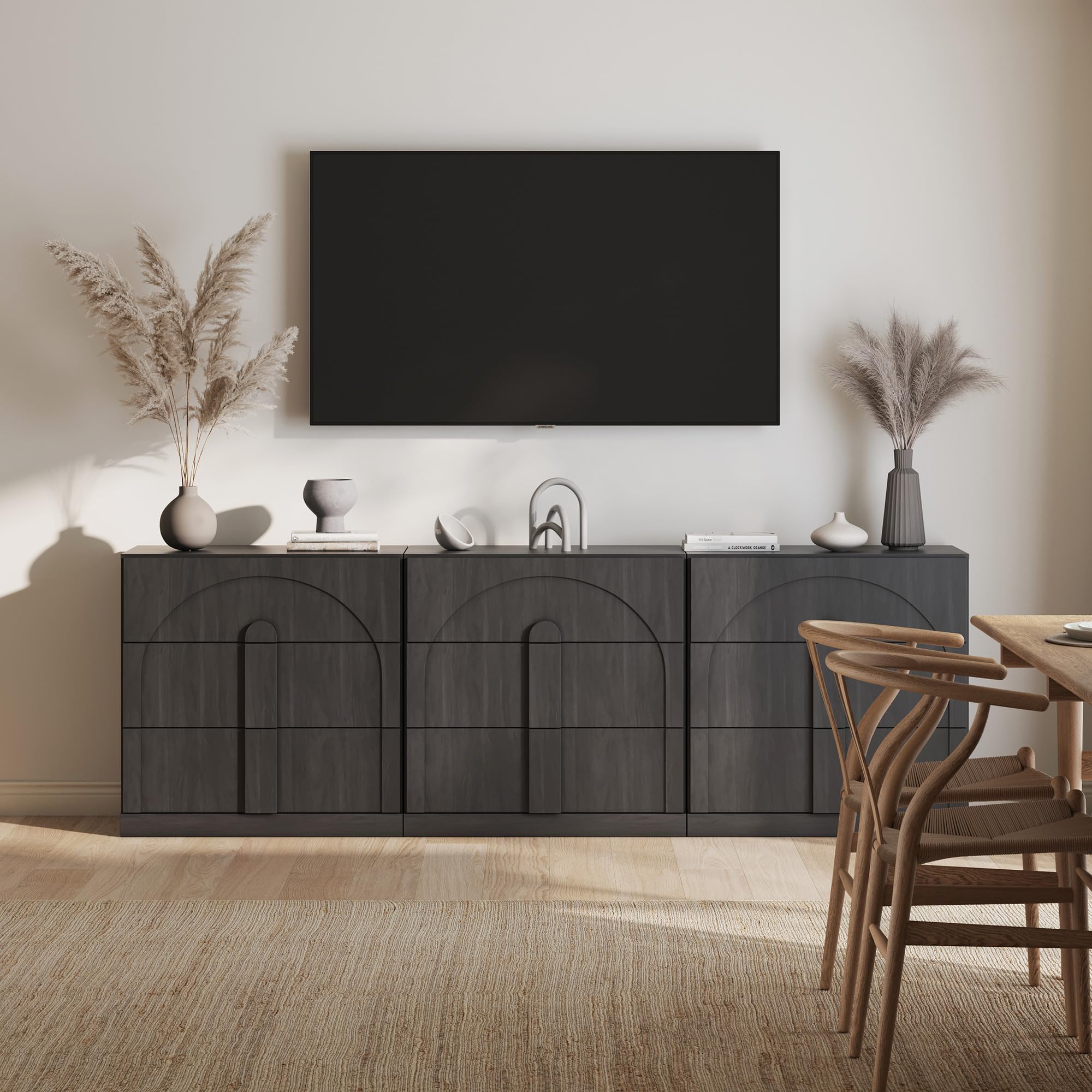 BELLEZE Modular Sideboard with Double-Arc Wood Doors, Small Arched Buffet Cabinet with Storage and Adjustable Shelves, Classic Modern Credenza for Dining Room, Living Room, or Entryway(Camel)
