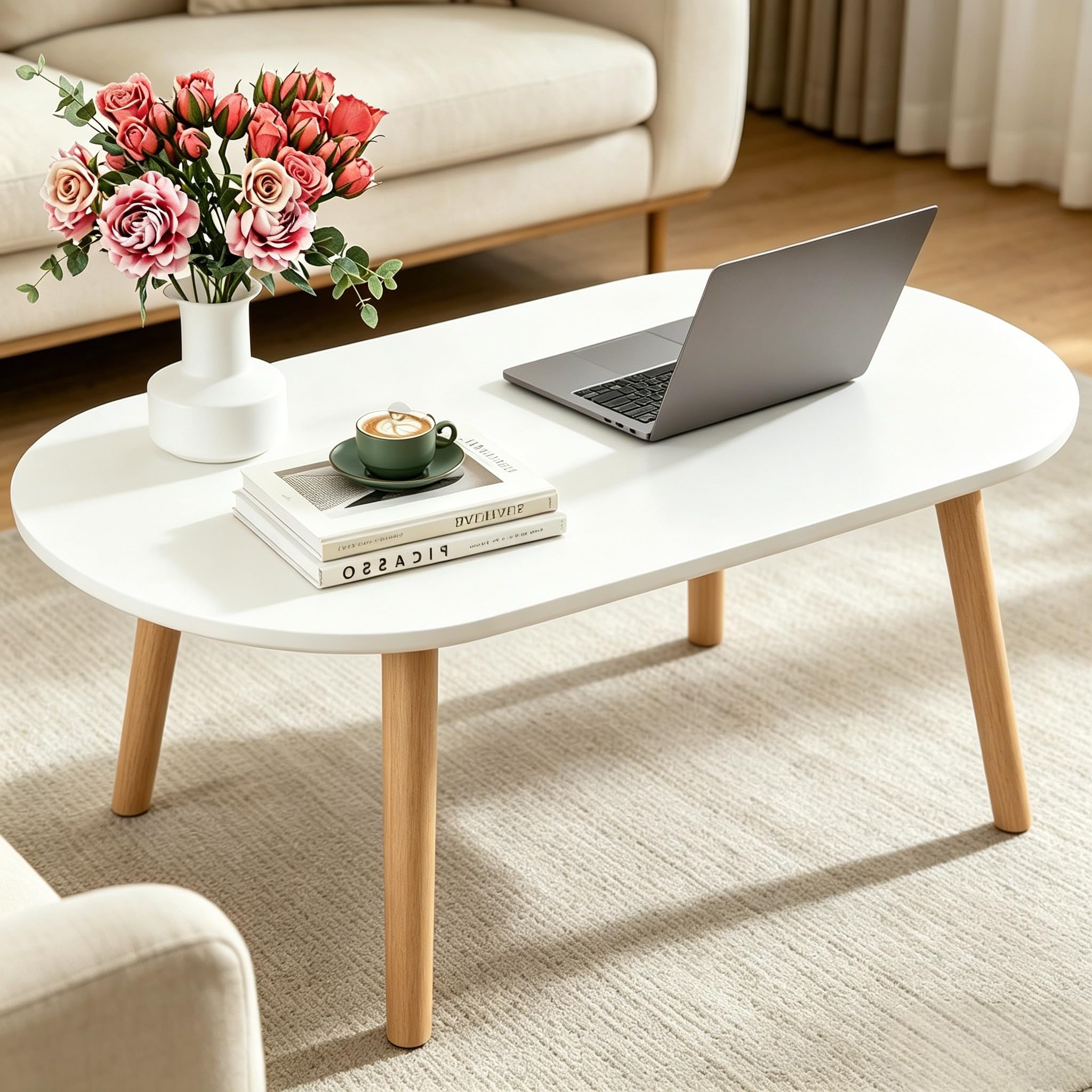FAMIDGE Coffee Table, 23.6" Small Oval Coffee Tables for Small Space with 4 Solid Wood Leg, Floor Table Desk for Sitting on The Floor, Side Table Japanese Low Table for Living Room Apartment, Brown