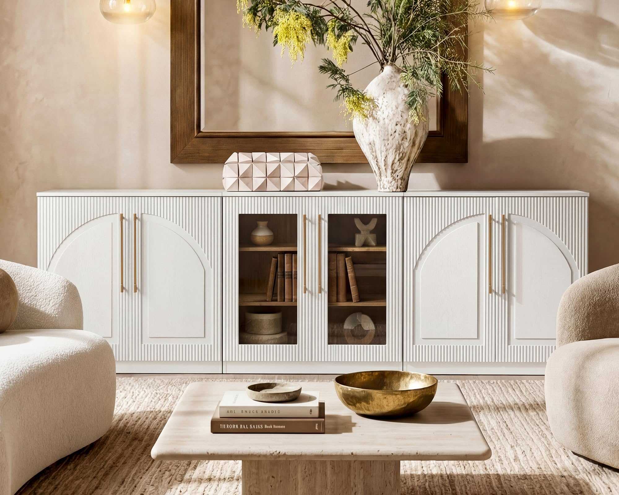 Morden Fort Handmade Fluted Arched Cabinet, Luxury Accent Cabinet with Adjustable Shelves, Durable Wood Modern Sideboard Buffet Credenza for Living Room Dining Room Entryway Bathroom White 31''