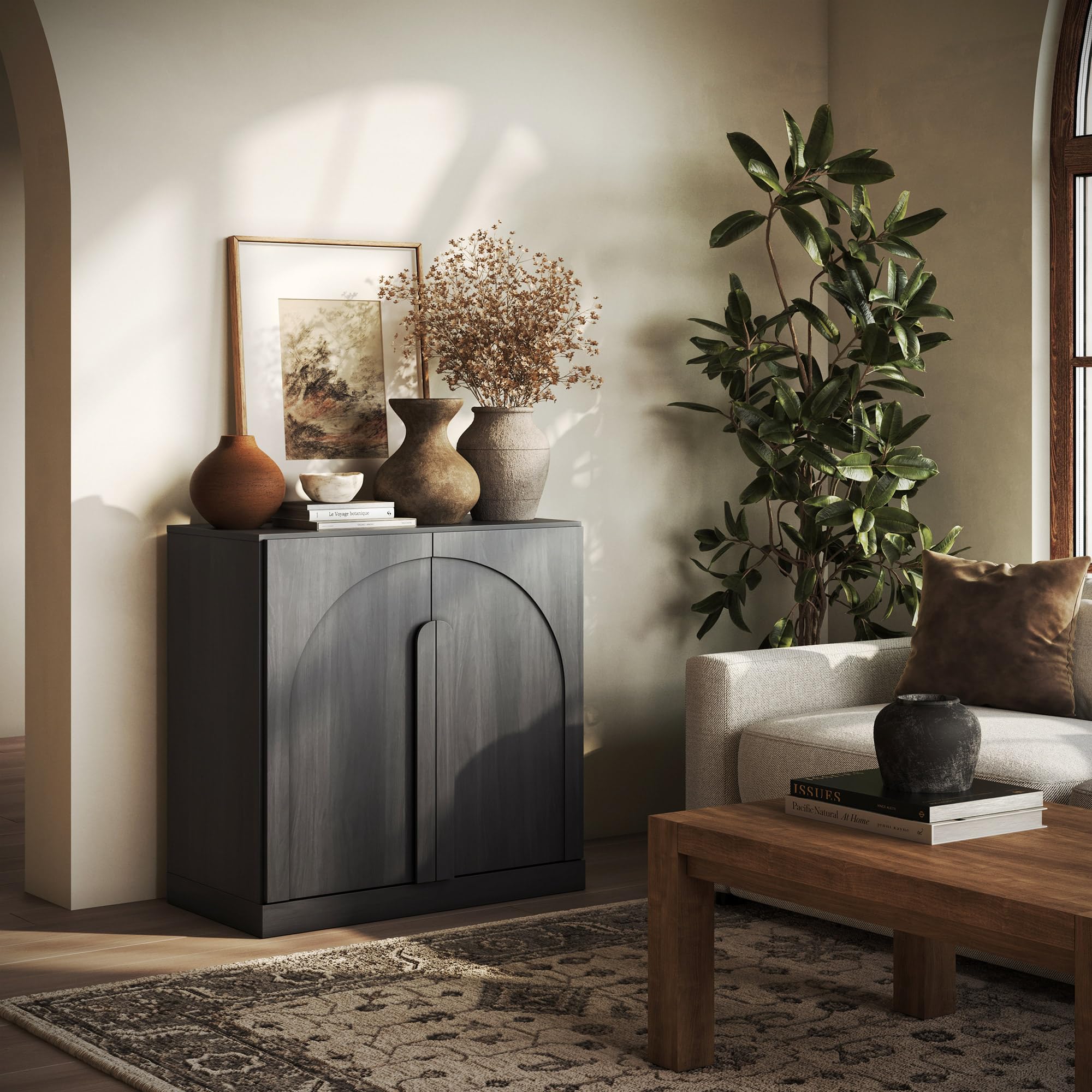 BELLEZE Modular Sideboard with Double-Arc Wood Doors, Small Arched Buffet Cabinet with Storage and Adjustable Shelves, Classic Modern Credenza for Dining Room, Living Room, or Entryway(Camel)