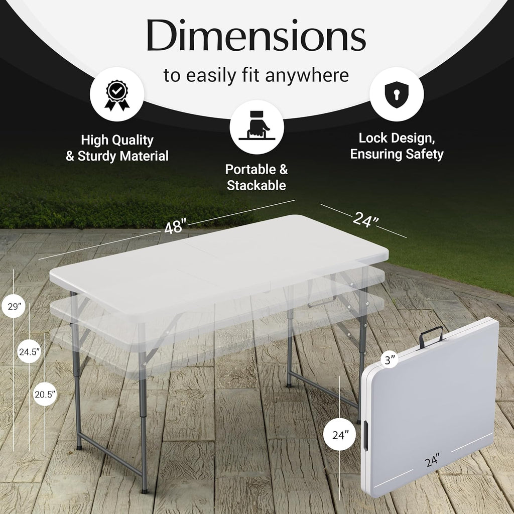 4 Feet Foldable Table Adjustable Height with Built in Handle, Steel Legs | 4FT Heavy Duty Portable | Perfect for Party Dining Wedding Events Picnic Indoor Outdoor Camping Utility Folding - 4 Foot