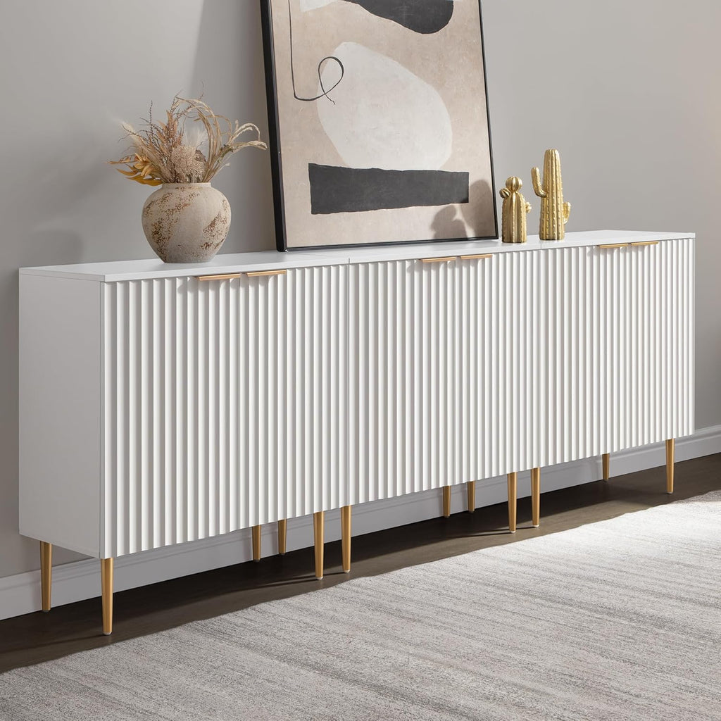 SICOTAS Sideboard Cabinet - 87'' Modern Accent Credenza Storage Cabinet Kitchen Fluted Sideboard with 6 Doors & Adjustable Shelves, Console Coffee Bar Table for Entryway Living Room Hallway, White