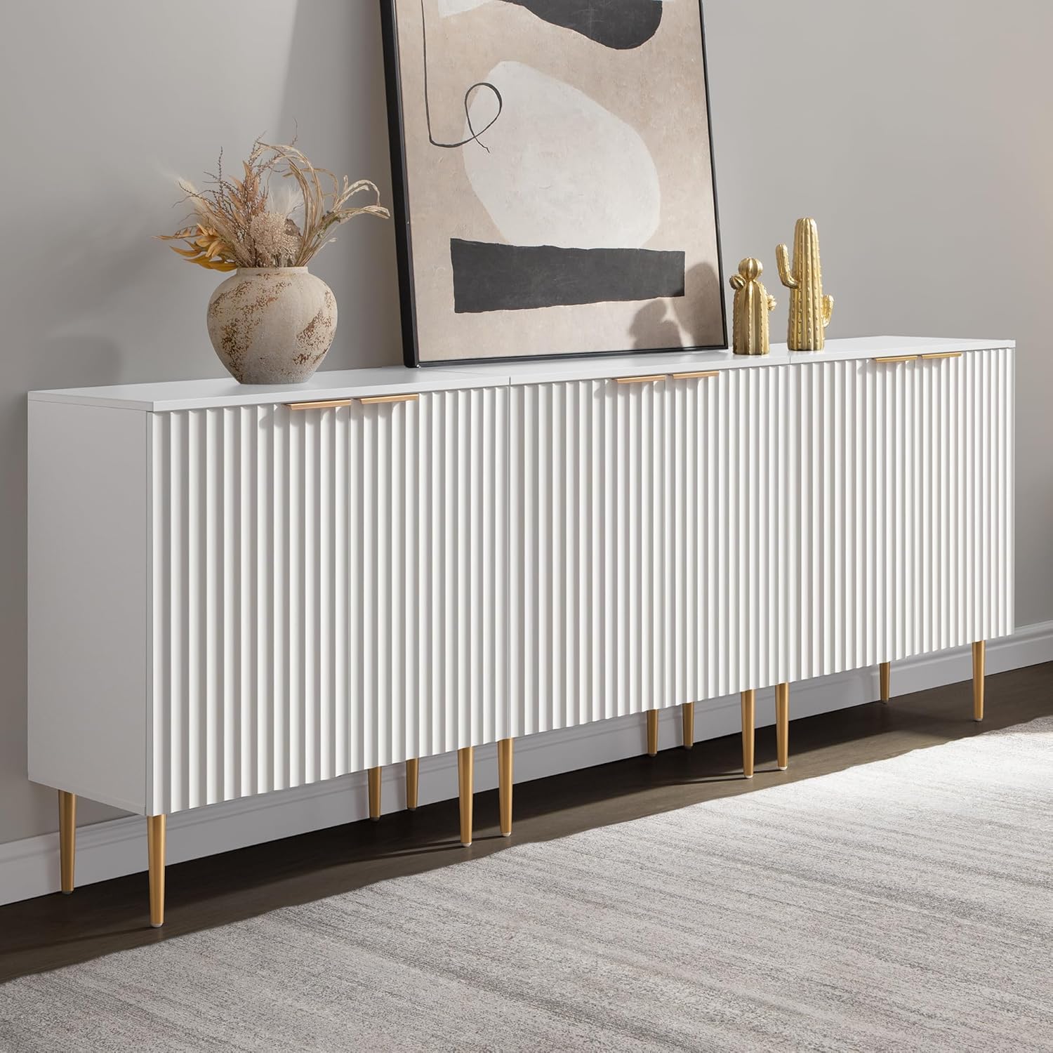 SICOTAS Sideboard Cabinet - 87'' Modern Accent Credenza Storage Cabinet Kitchen Fluted Sideboard with 6 Doors & Adjustable Shelves, Console Coffee Bar Table for Entryway Living Room Hallway, White