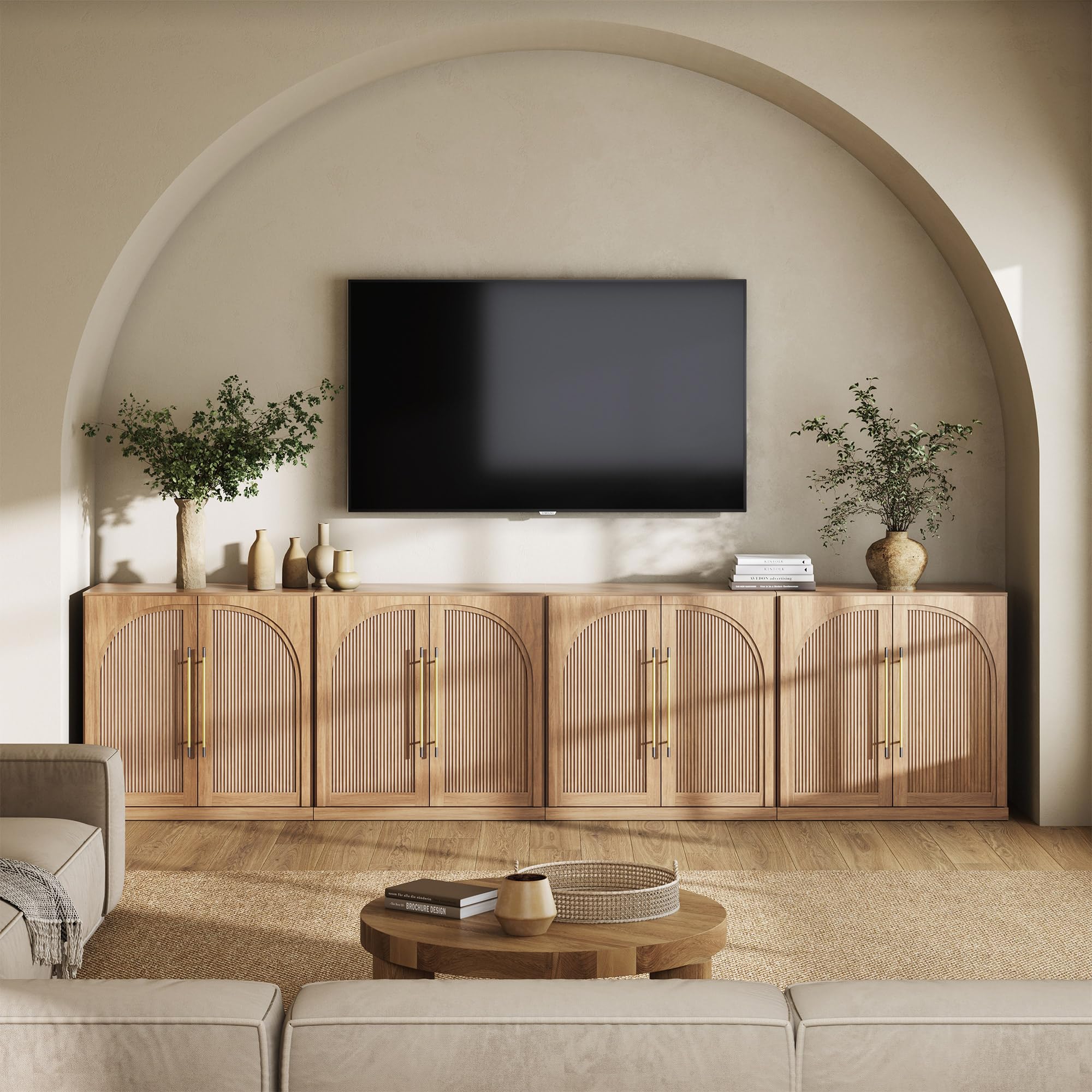 BELLEZE Modular Sideboard with Double-Arc Wood Doors, Small Arched Buffet Cabinet with Storage and Adjustable Shelves, Classic Modern Credenza for Dining Room, Living Room, or Entryway(Camel)
