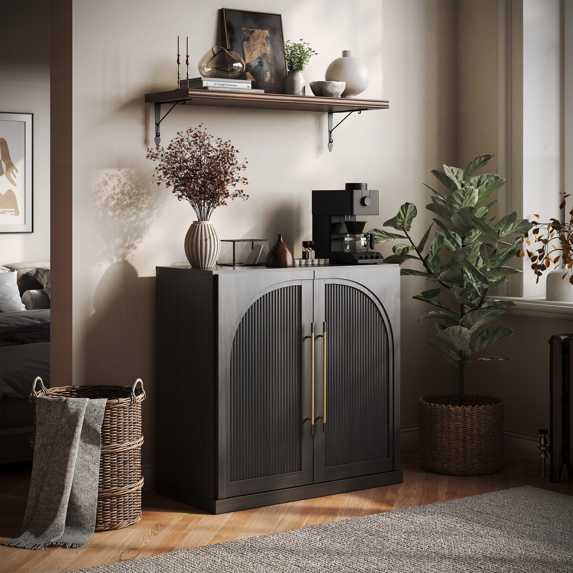 BELLEZE Modular Sideboard with Double-Arc Wood Doors, Small Arched Buffet Cabinet with Storage and Adjustable Shelves, Classic Modern Credenza for Dining Room, Living Room, or Entryway(Camel)