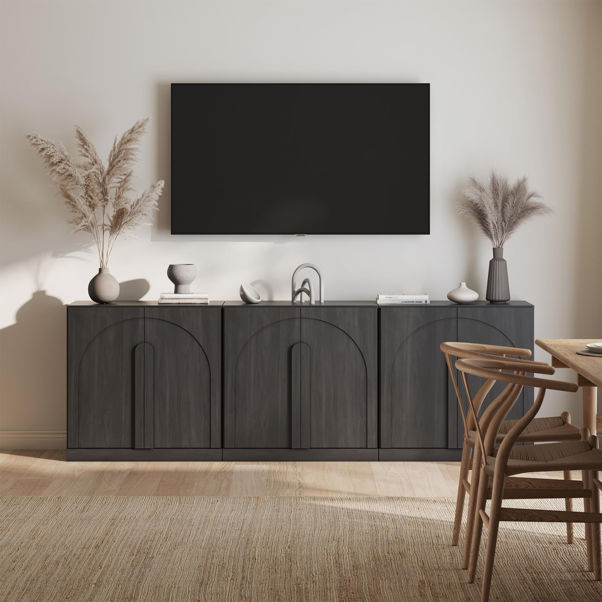BELLEZE Modular Sideboard with Double-Arc Wood Doors, Small Arched Buffet Cabinet with Storage and Adjustable Shelves, Classic Modern Credenza for Dining Room, Living Room, or Entryway(Camel)