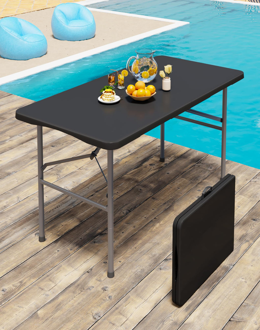 6FT Black Folding Table for Outdoor, 6 Foot Picnic Tables No Assembly Required Portable, Black Foldable Table for Camping, Parties, Meeting, Events, Wedding, BBQ, with Carrying Handle