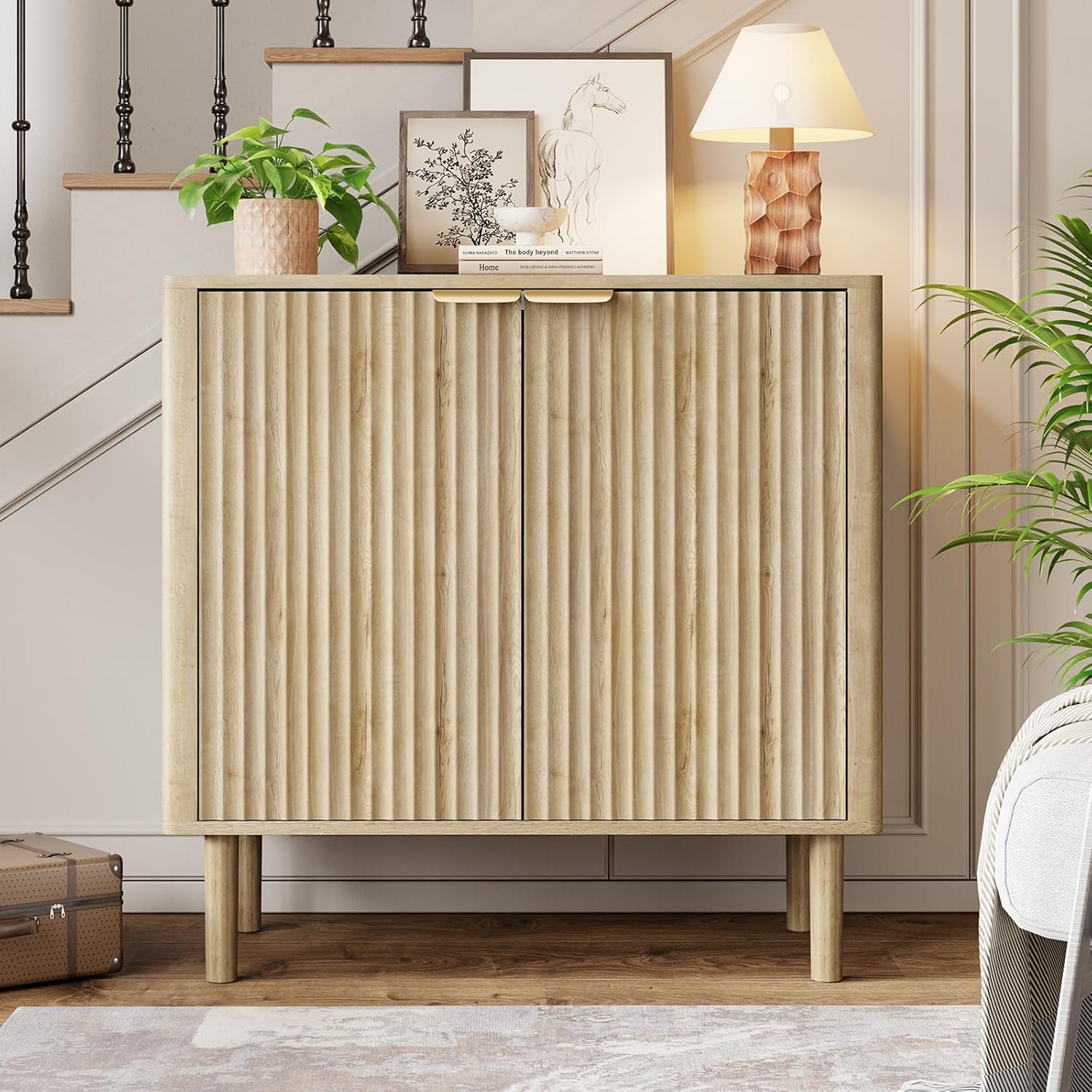 IKALIFE Sideboard Buffet Cabinet with Storage, Modern Fluted Accent Credenza with Doors & Adjustable Shelves, Wood Coffee Bar Console Table for Living Room, Dining Room, Kitchen or Entryway 31.5" Oak