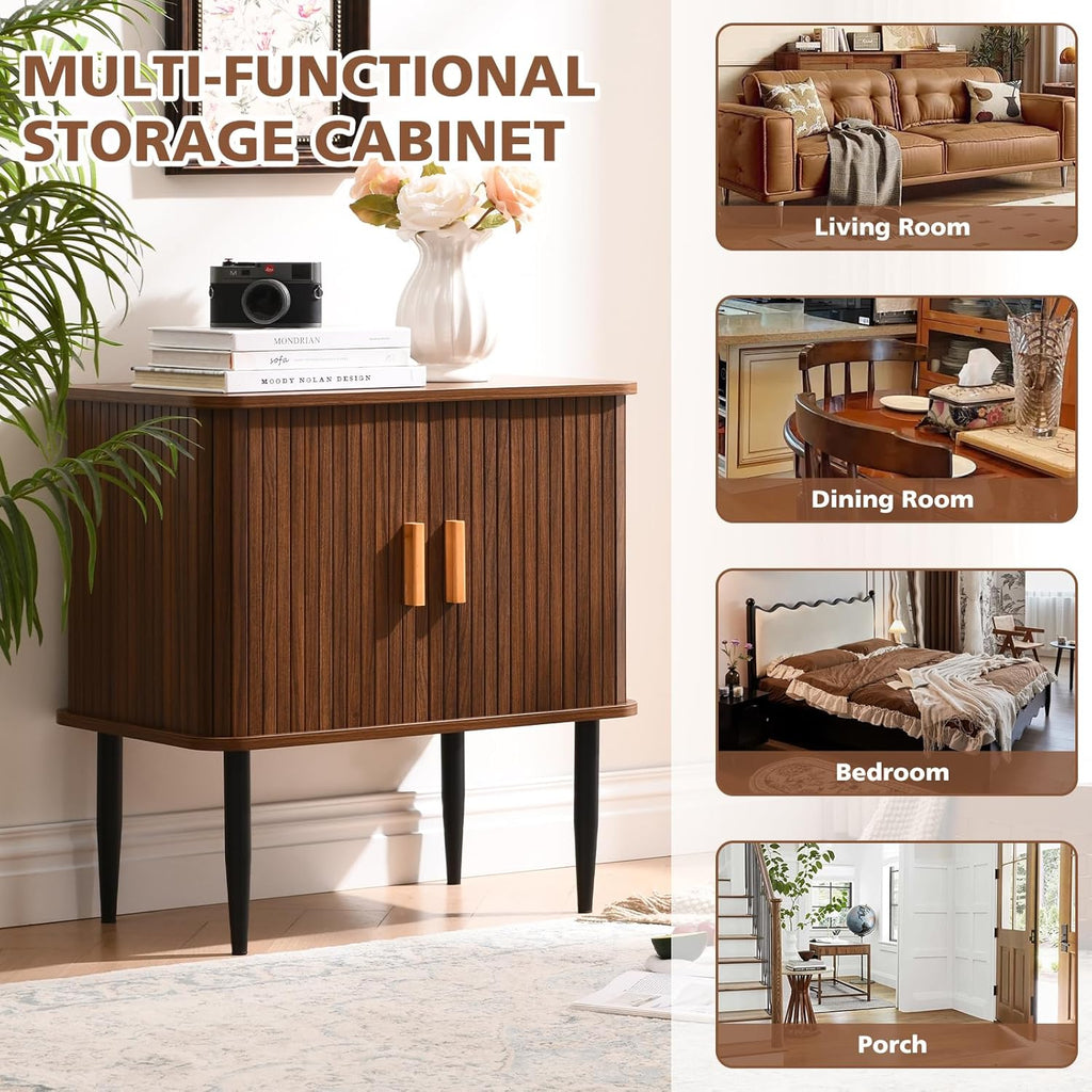 Ahokua Mid Century Modern Side Table with Storage, Walnut Accent Cabinet with Sliding Doors & Adjustable Shelf, Brown Fluted Nightstand for Living Room, Entryway, Bedroom