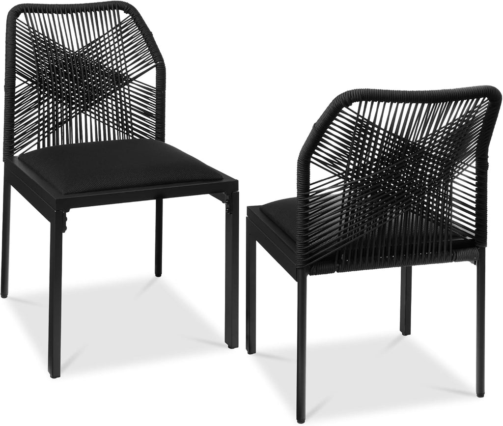 Best Choice Products Set of 2 Indoor/Outdoor Modern Dining Kitchen Chairs, All-Weather Rope Woven Design, Padded Cushions, Aluminum Frame for Dining Room, Living Room - Black/Obsidian